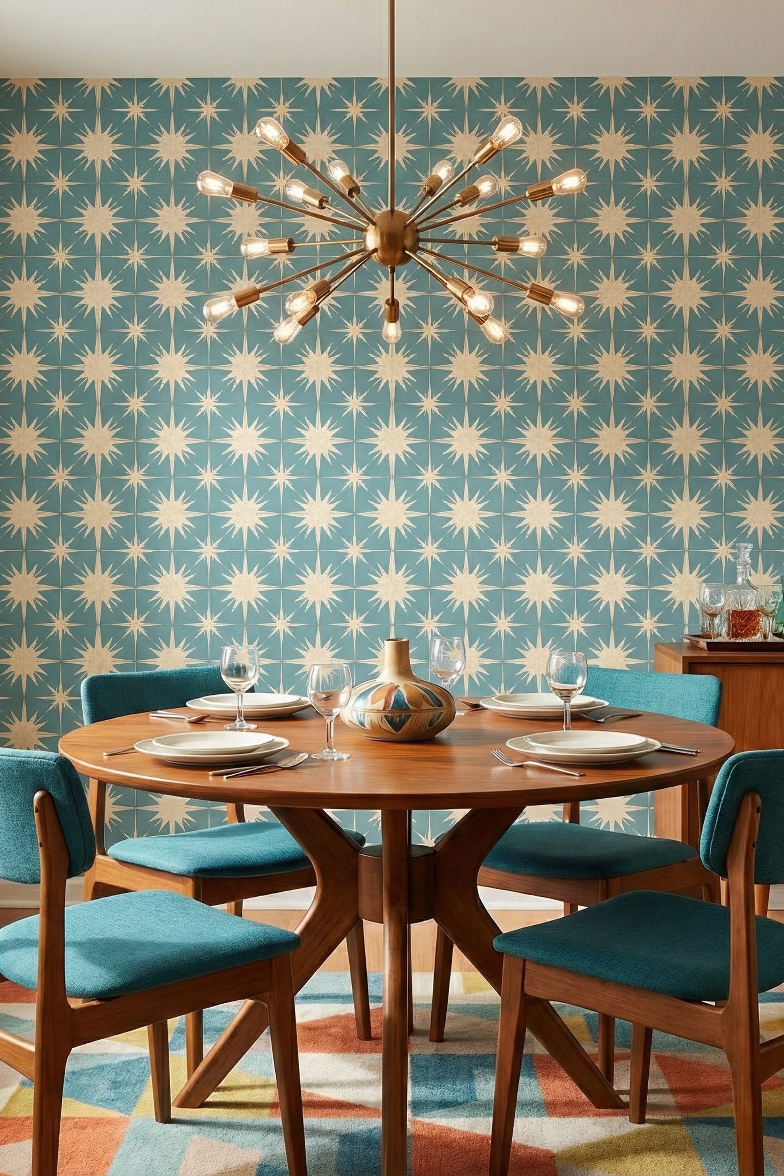 Starburst Teal wallpaper shown in a dining room
