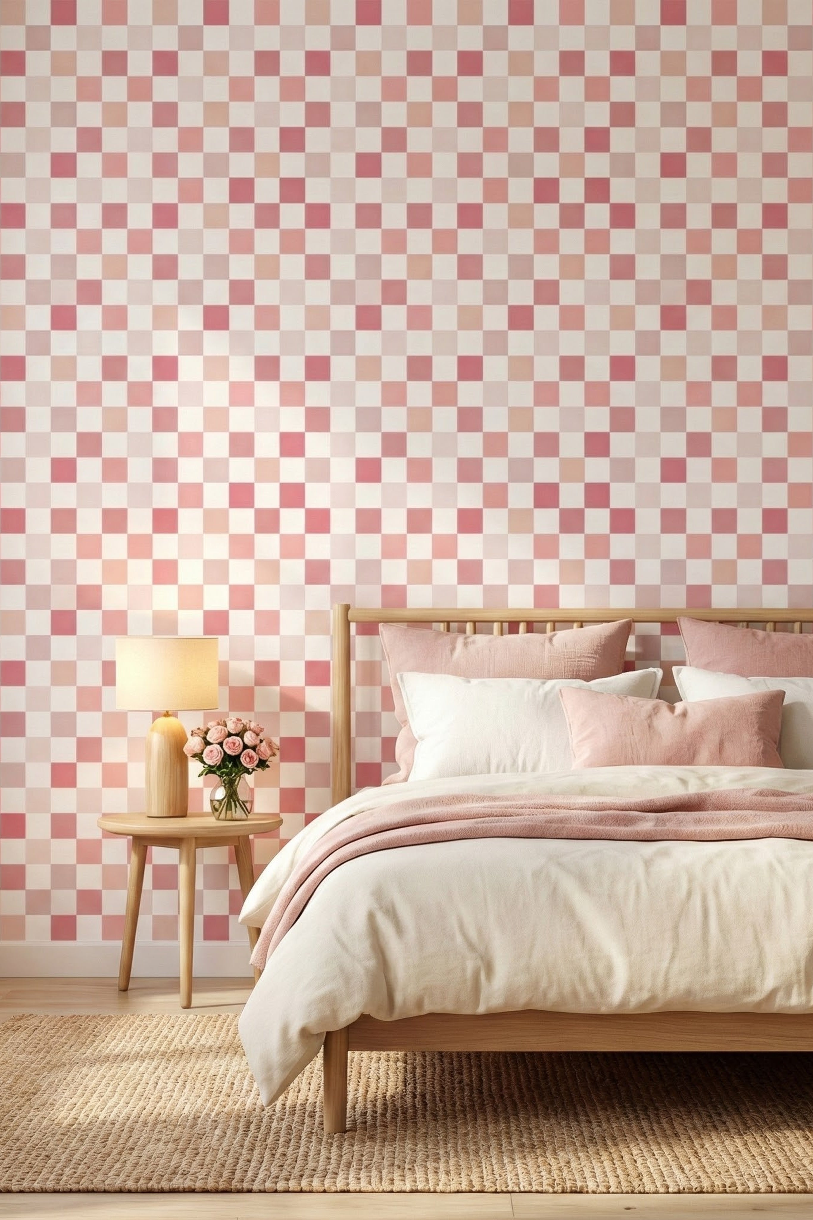 Blush Gingham wallpaper shown in a bedroom