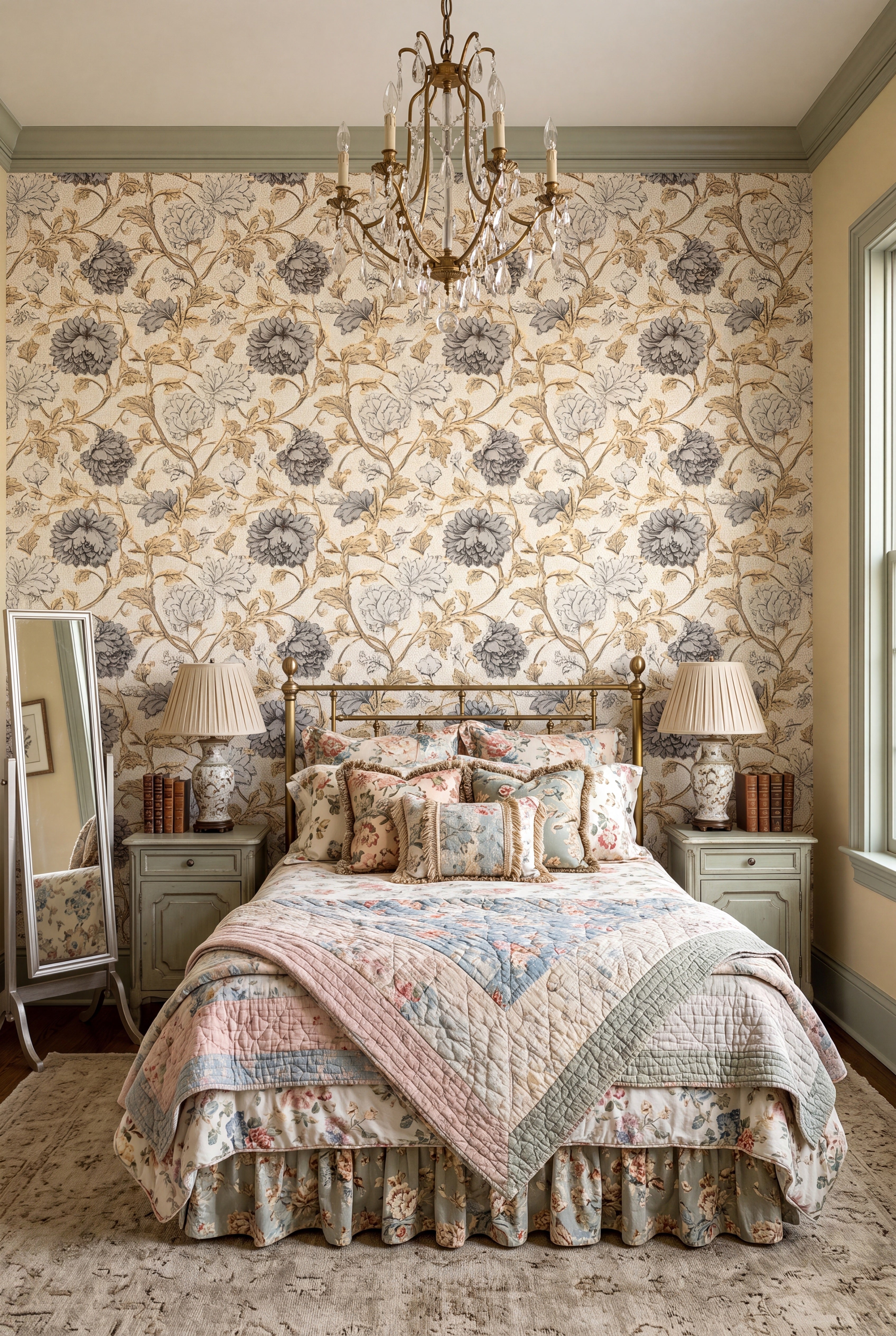 Heritage Vine wallpaper shown in a bedroom