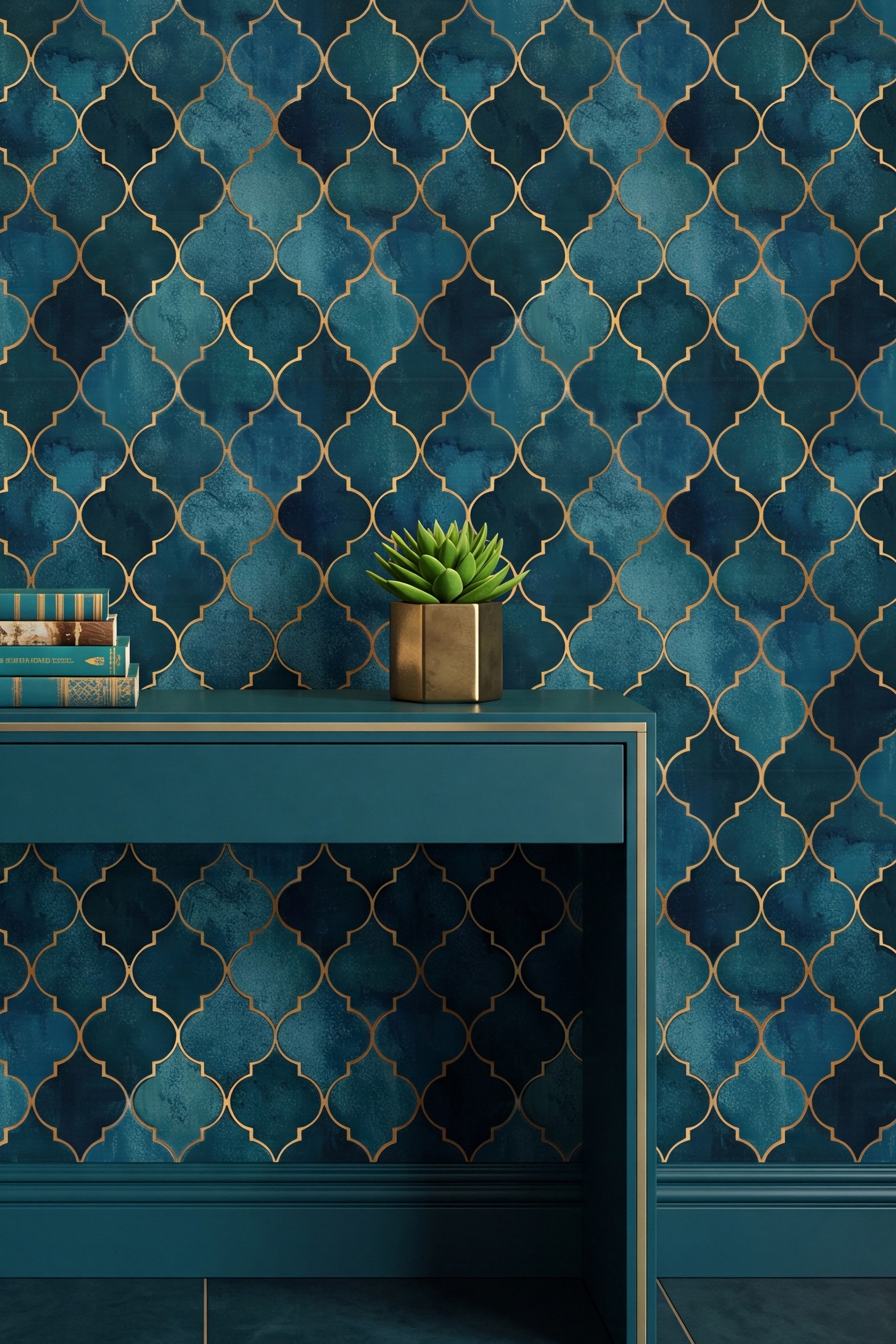 Teal Trellis wallpaper shown on a feature wall