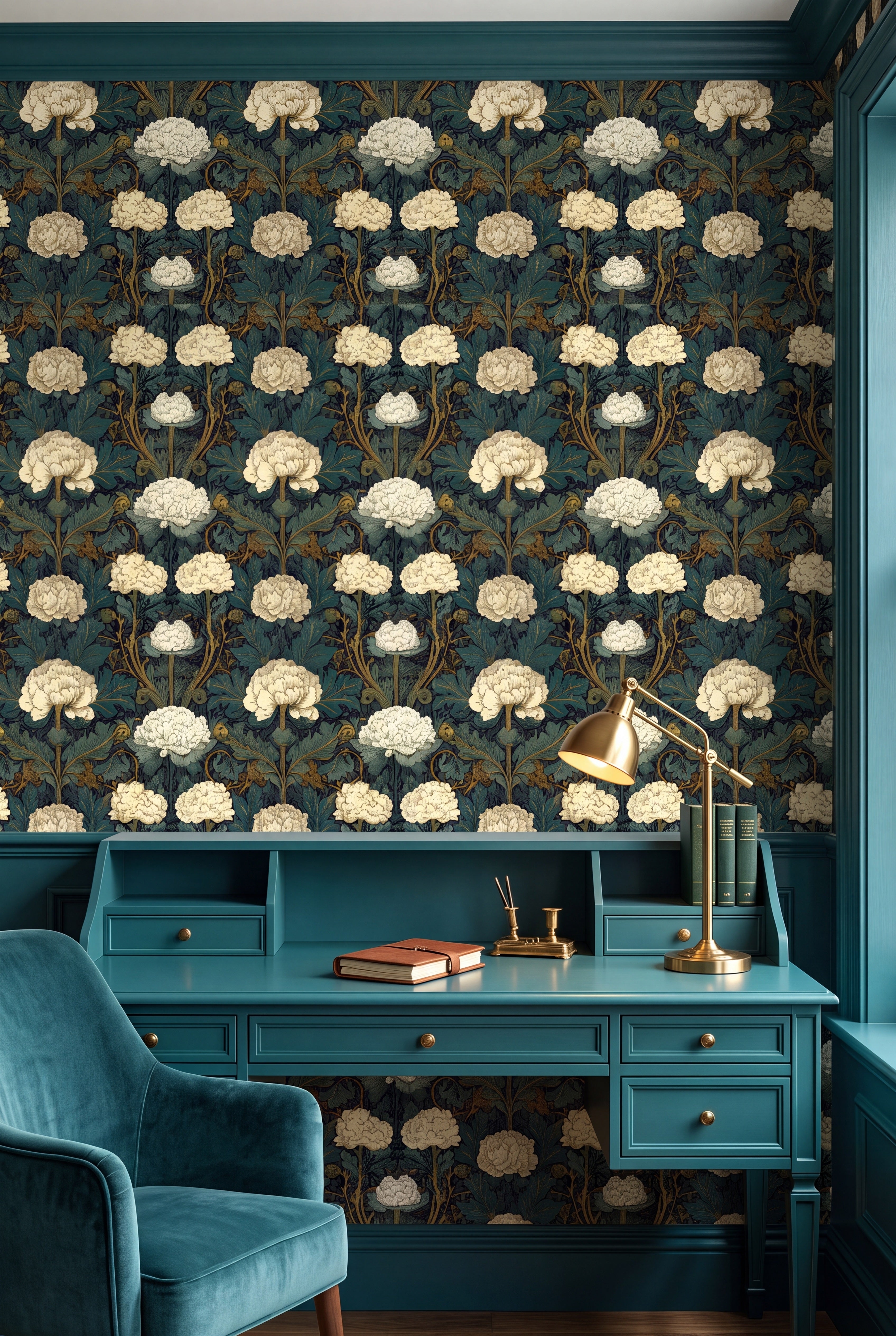Nouveau Garden wallpaper shown in a home office