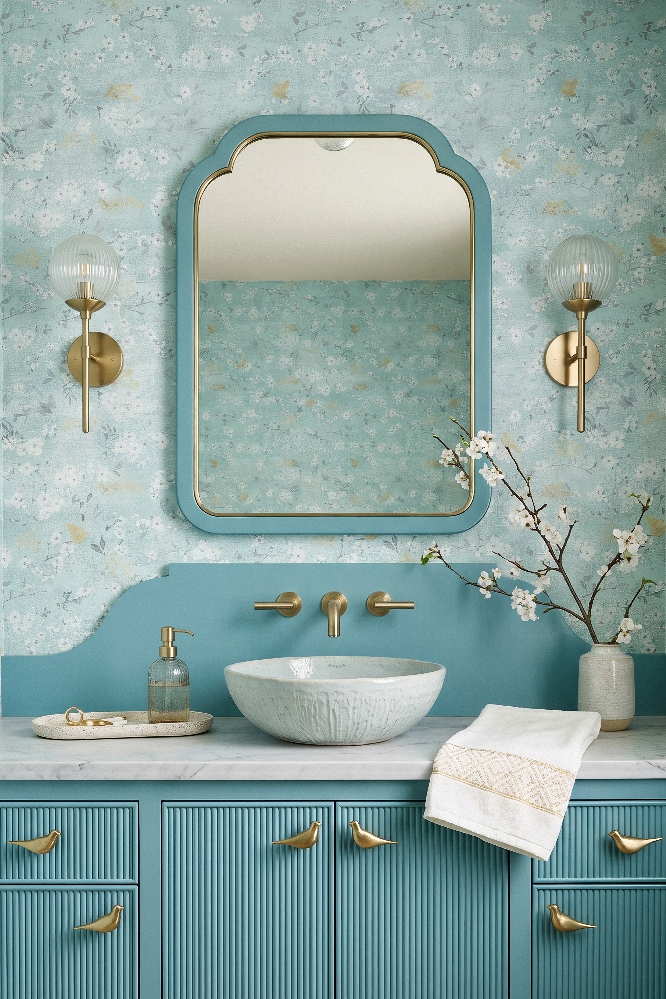 Gilded Wren wallpaper shown in a powder room