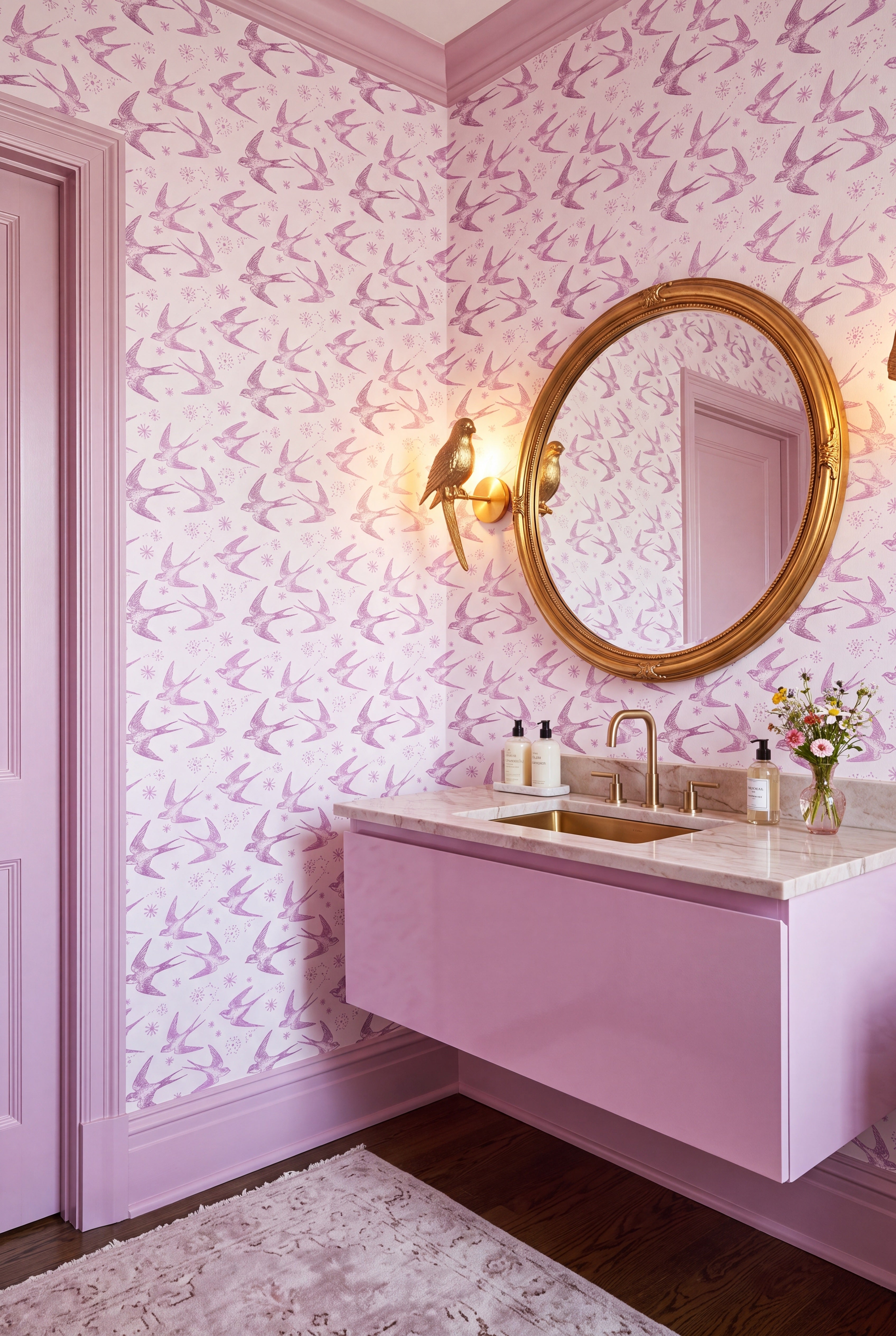 Swallow & Star wallpaper shown in a powder room