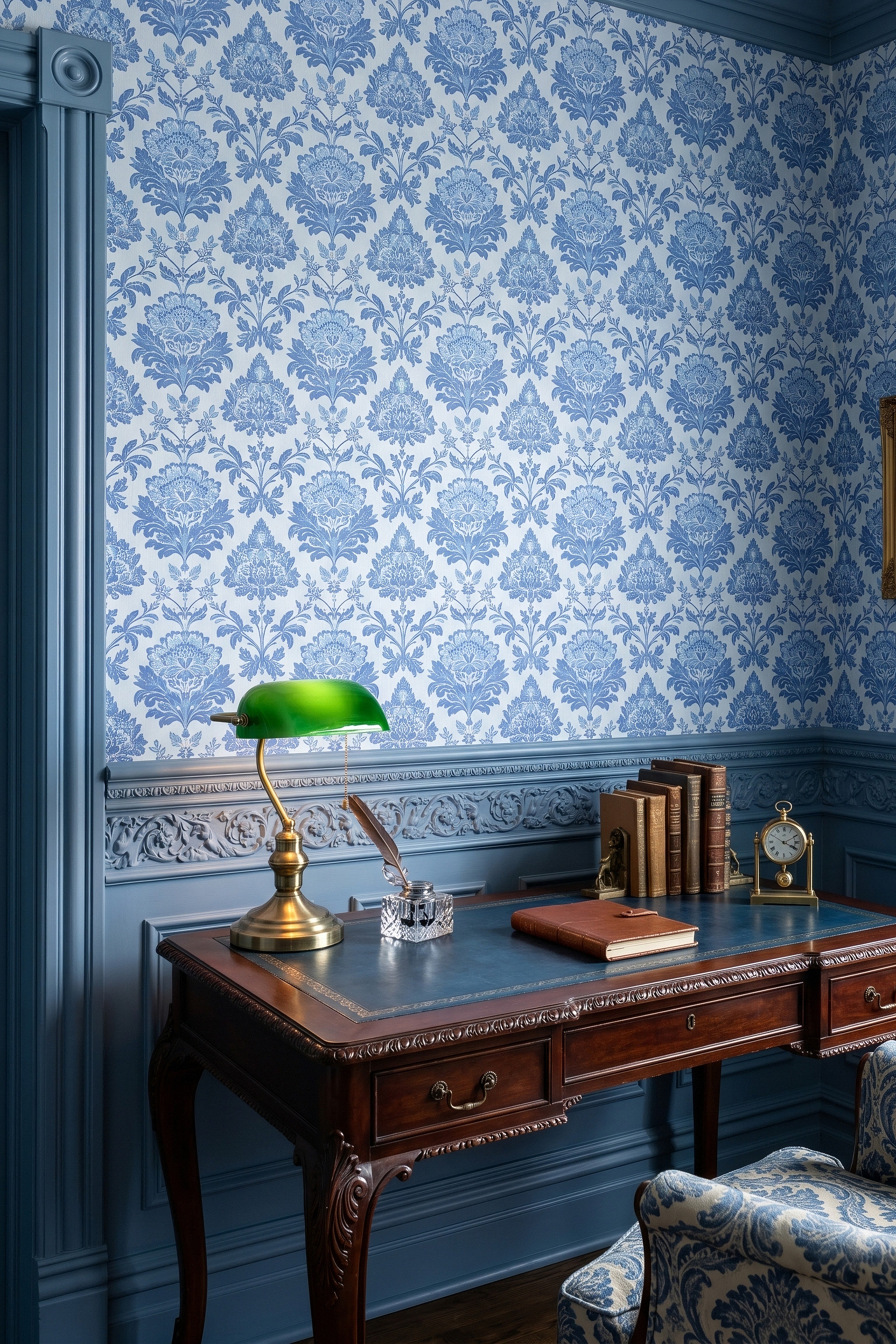 Windsor Damask wallpaper shown in a home office