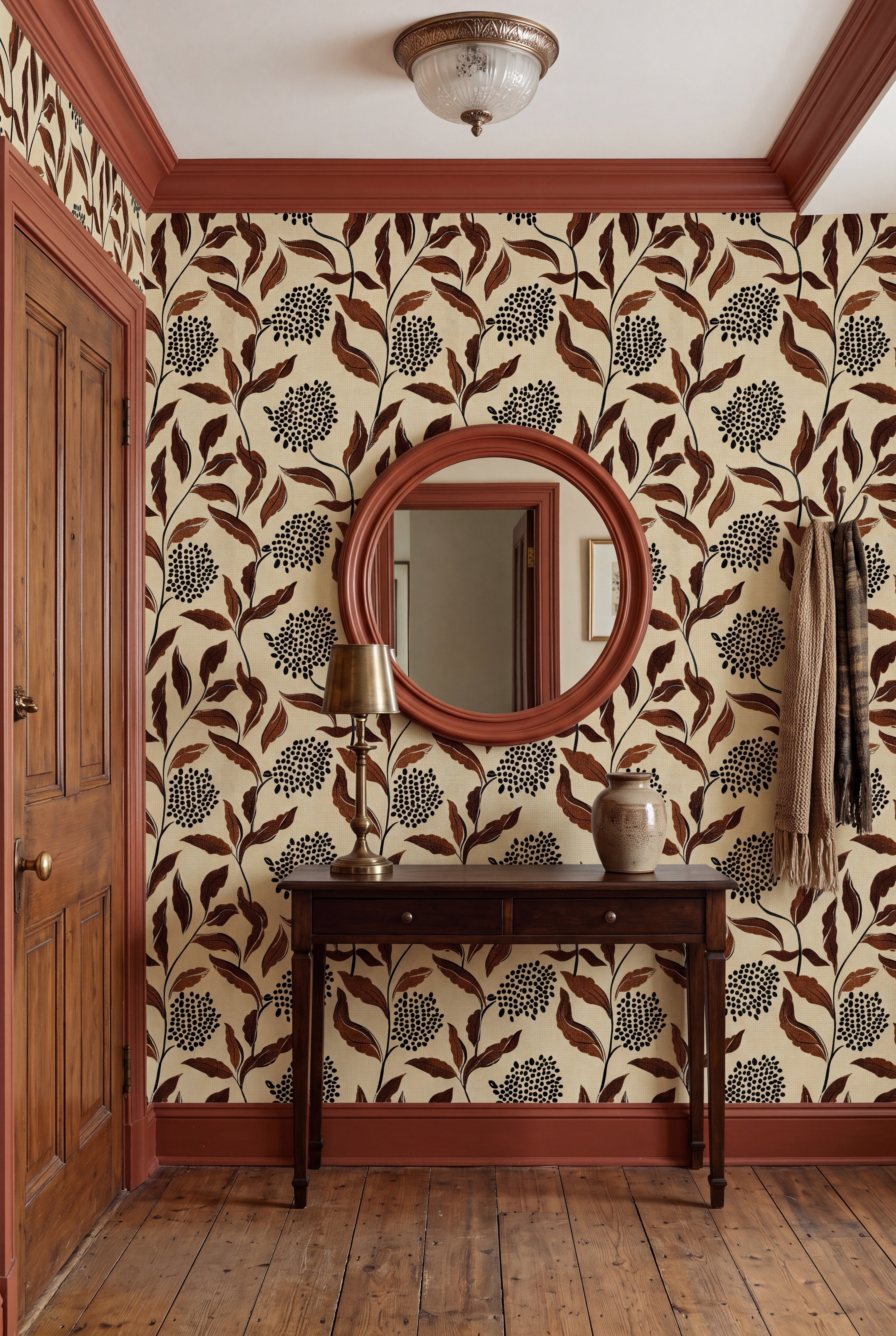 Cinnamon Leaf wallpaper shown in an entryway