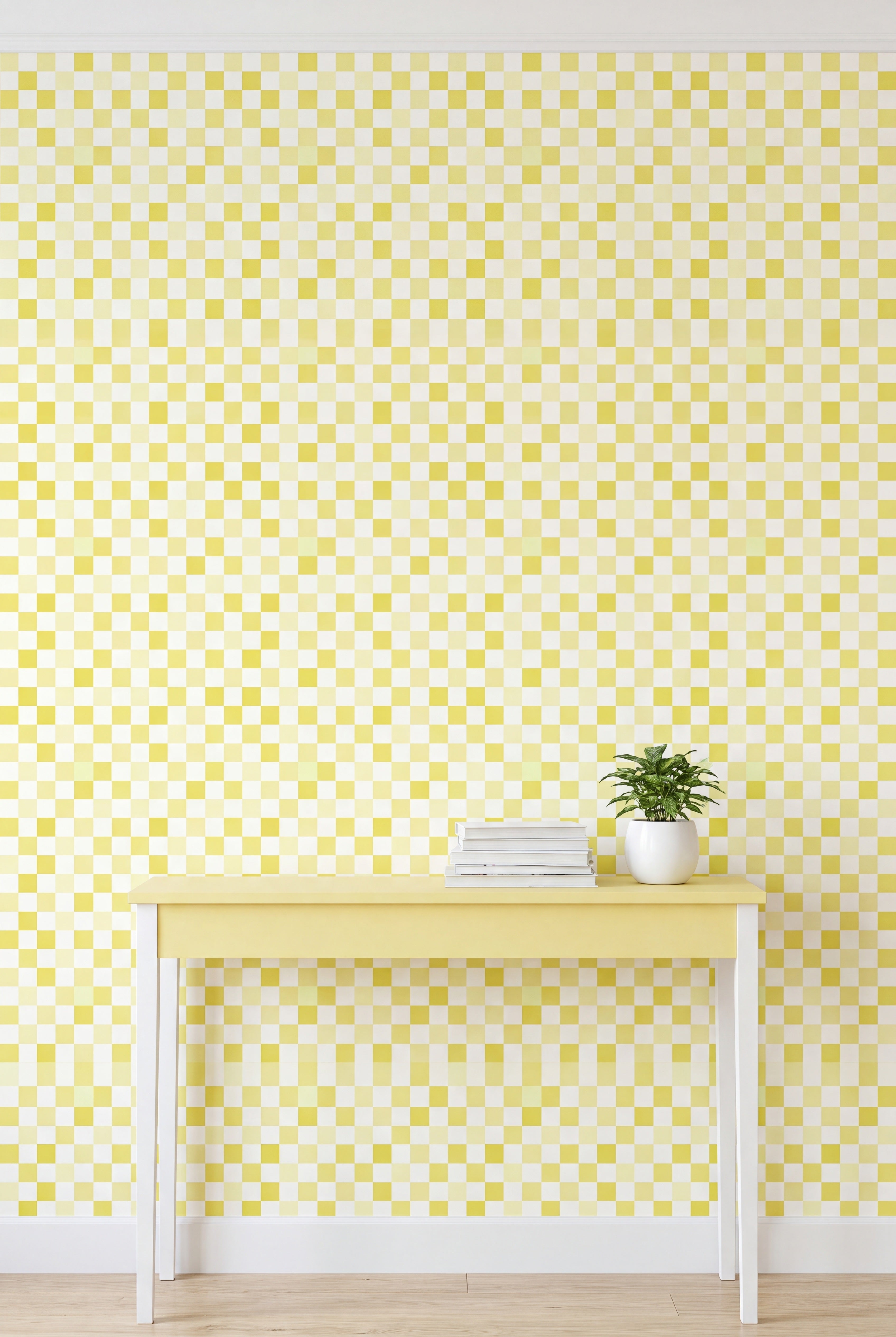 Lemon Check wallpaper on an accent wall