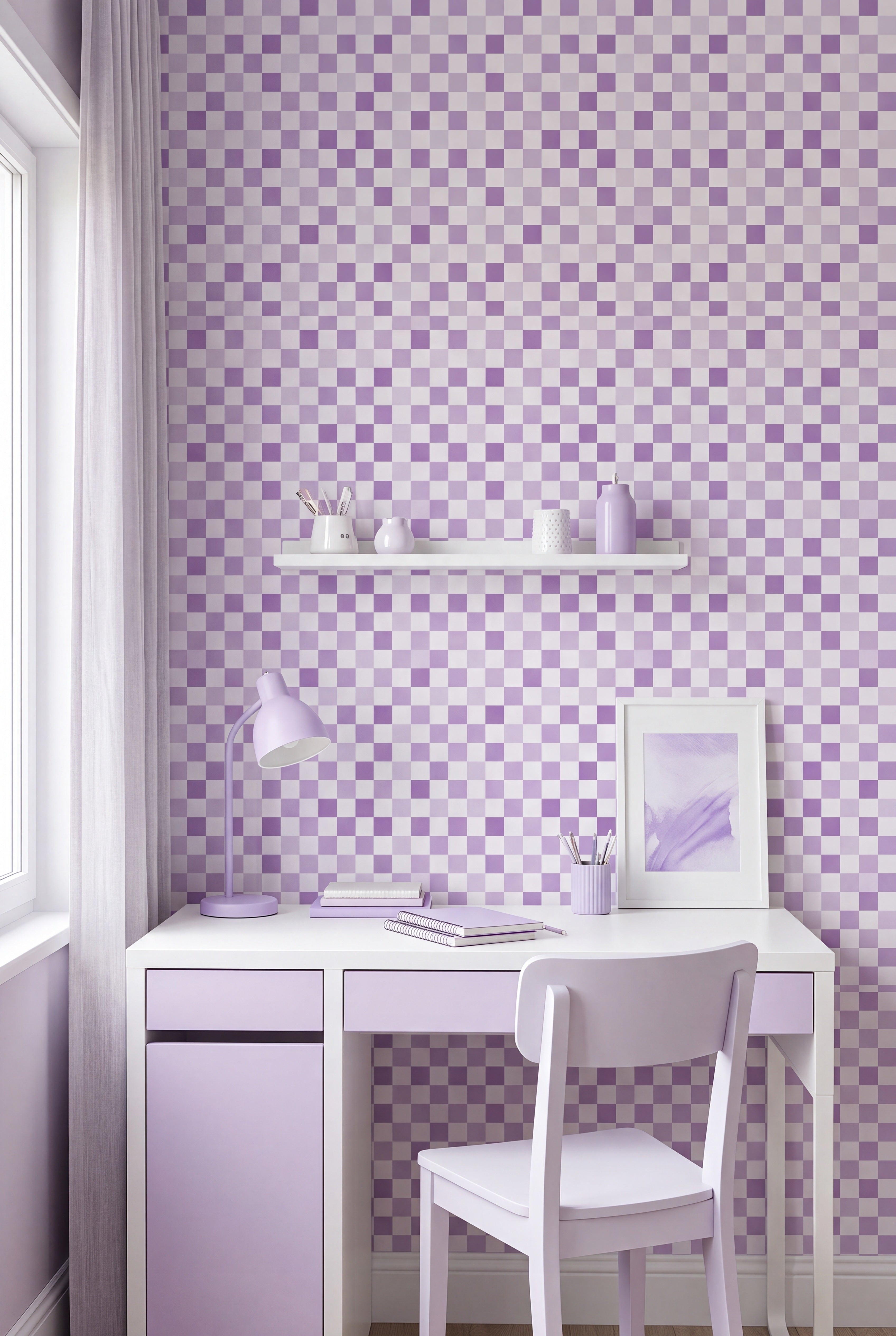 Lilac Check wallpaper shown in a home office