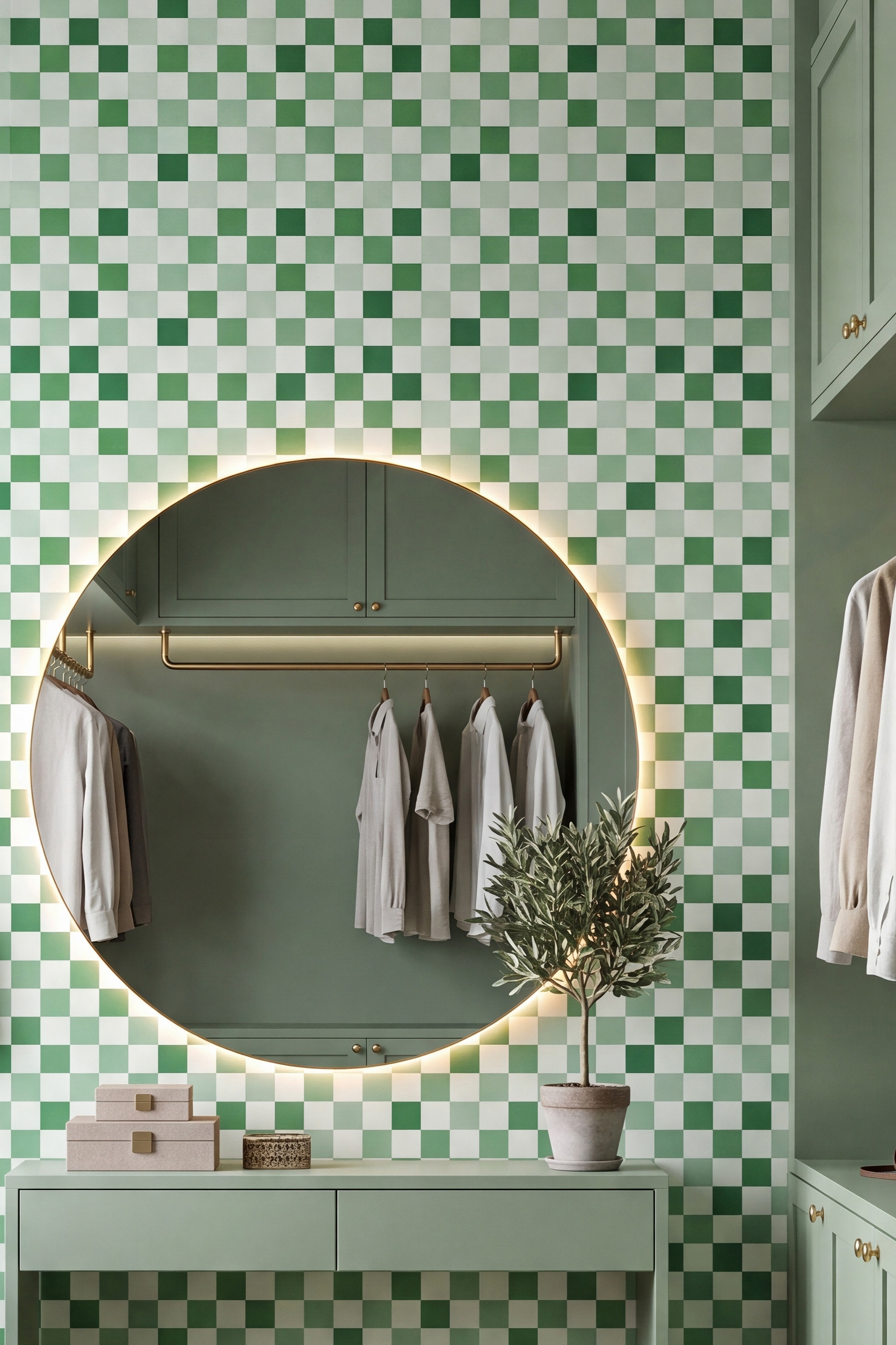 Sage Check wallpaper shown in a closet