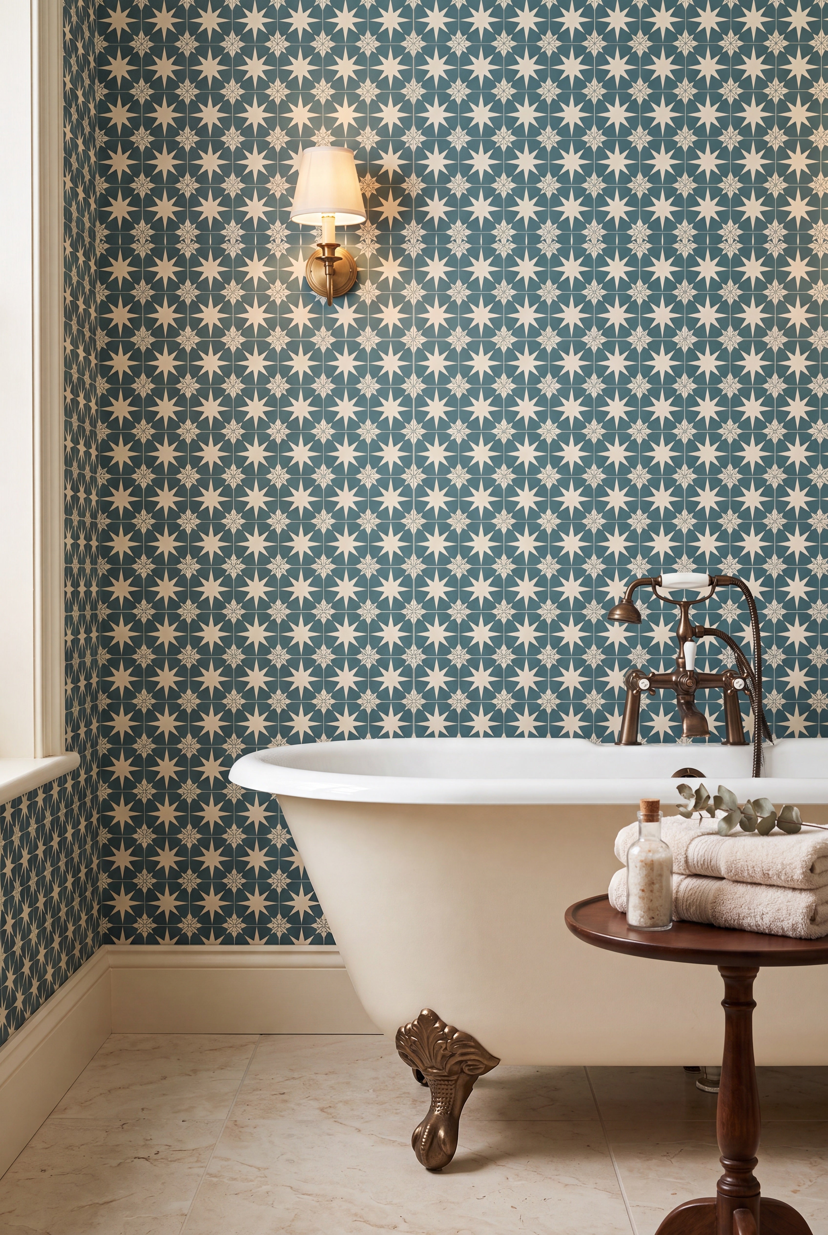 Casablanca wallpaper shown in a bathroom