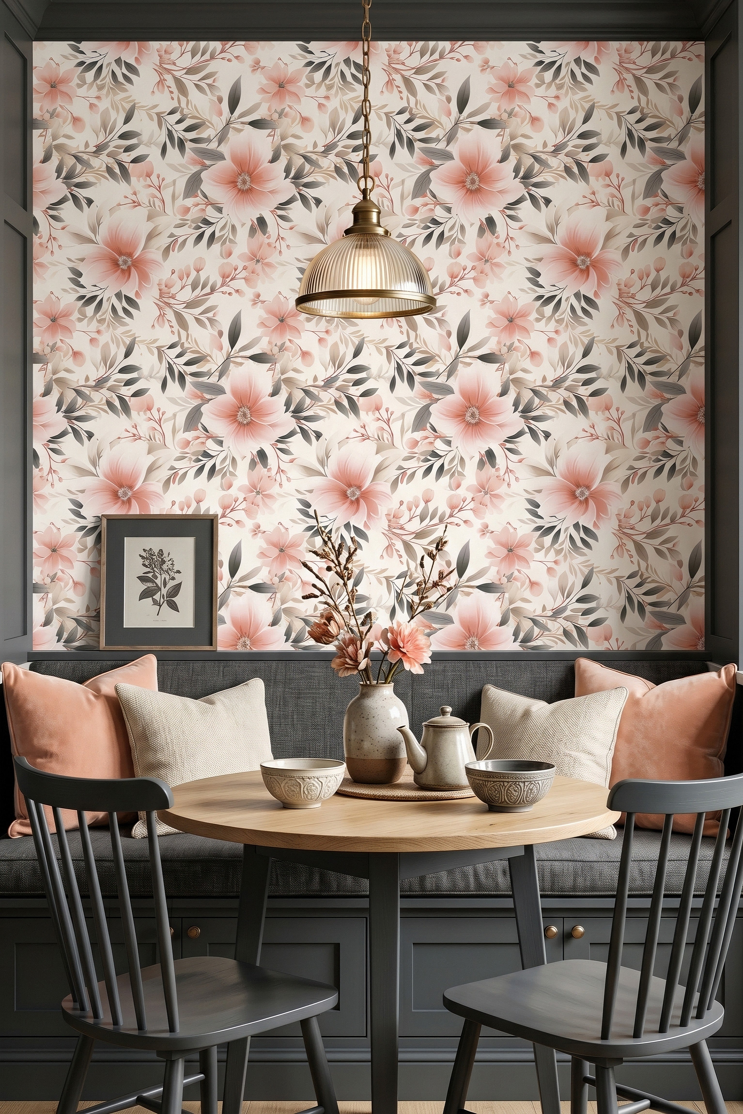 Blush Botanica wallpaper shown in a cozy nook