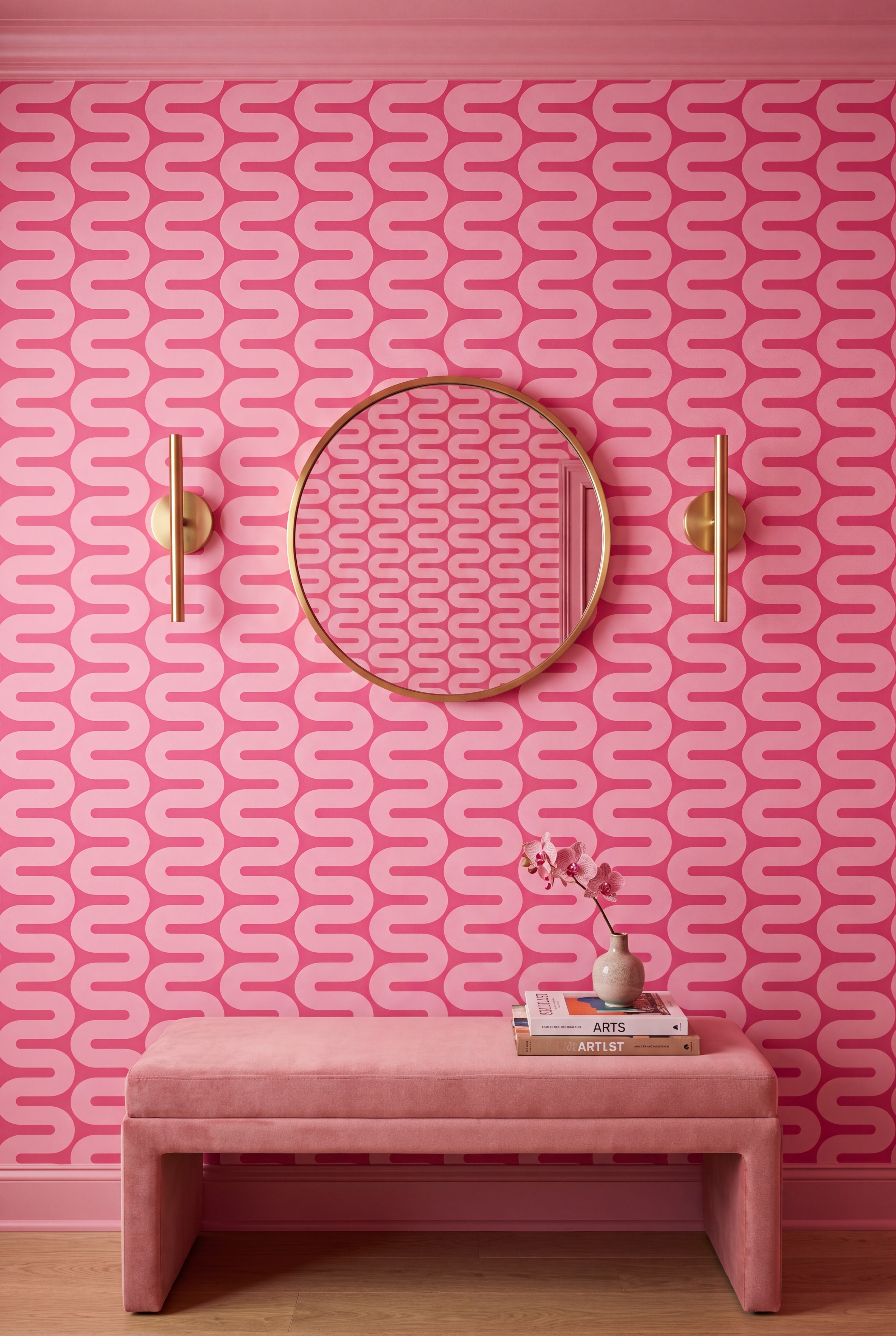 Pink Wiggle wallpaper on an accent wall