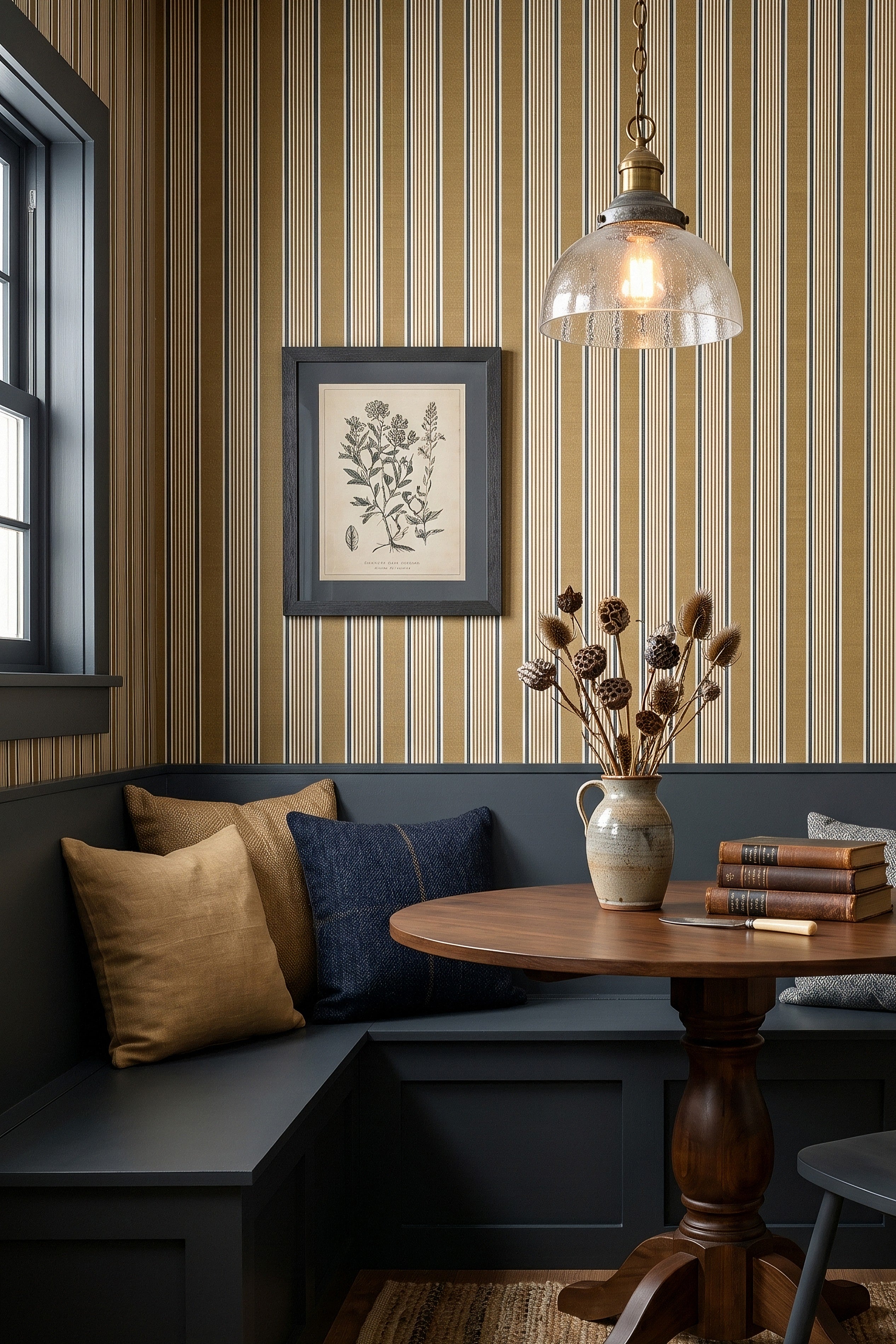 Marigold Stripe wallpaper shown in a cozy nook