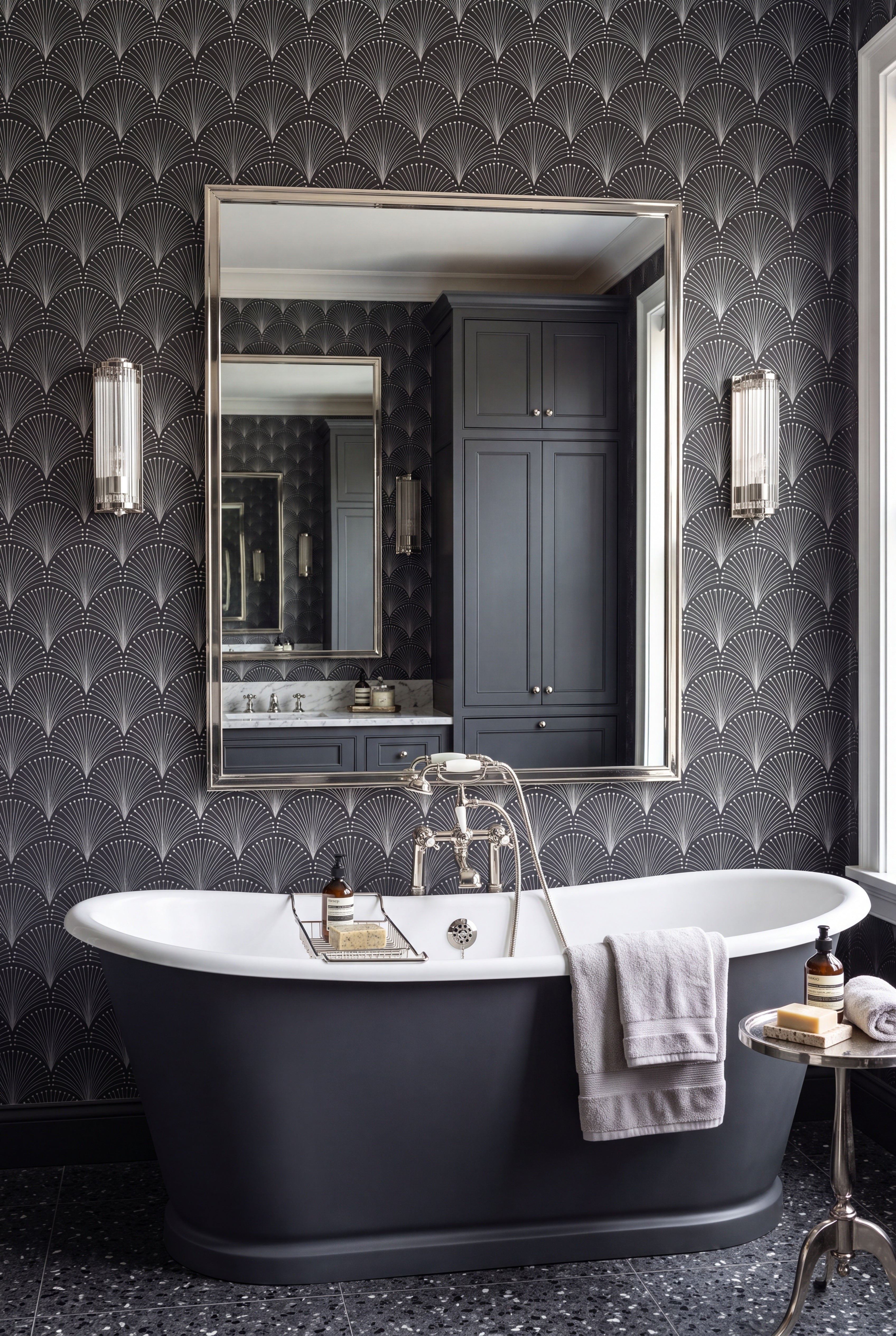 Palm Noir wallpaper shown in a bathroom