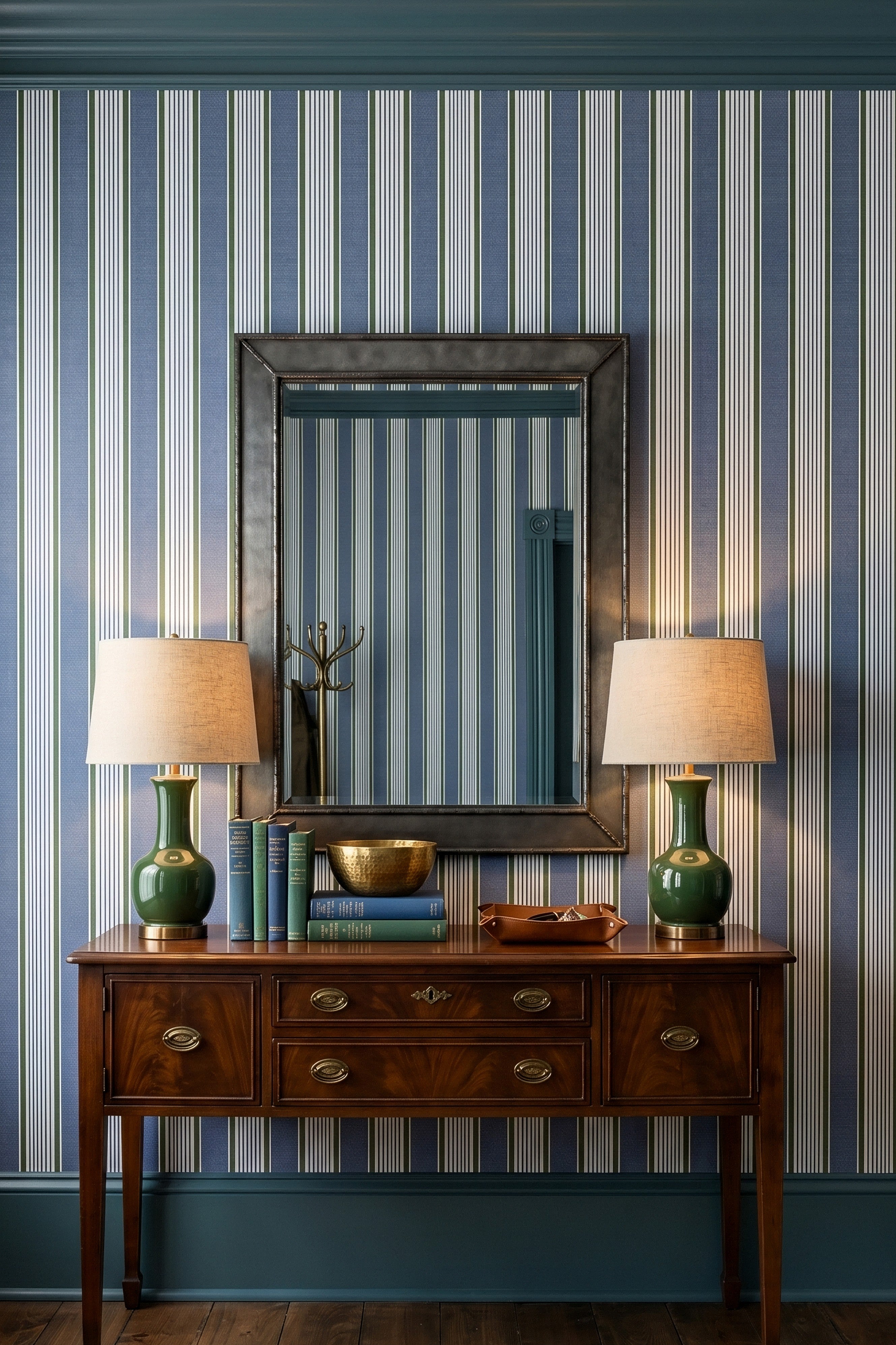 Juniper Stripe wallpaper shown in an entryway