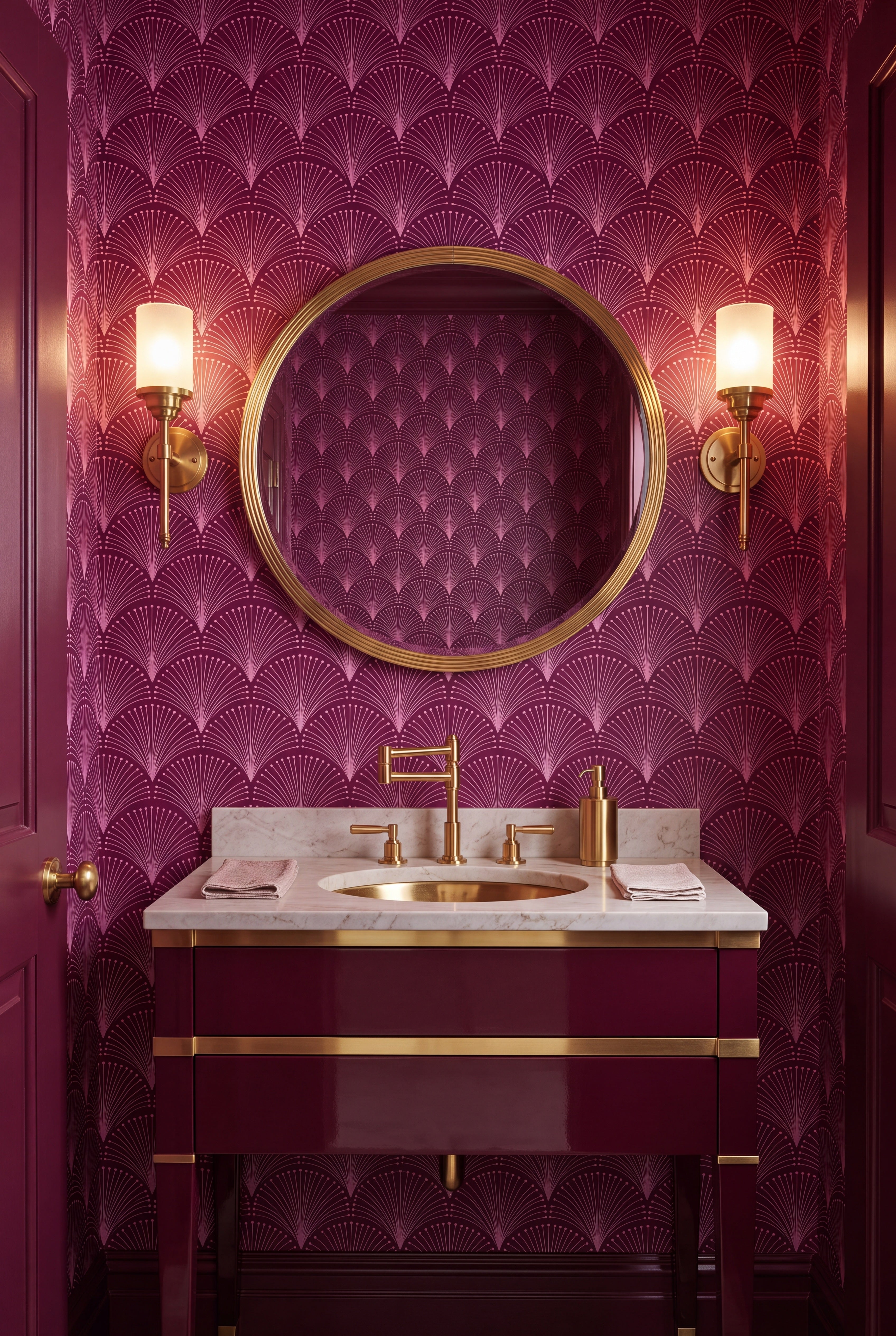 Plum Fan wallpaper shown in a powder room