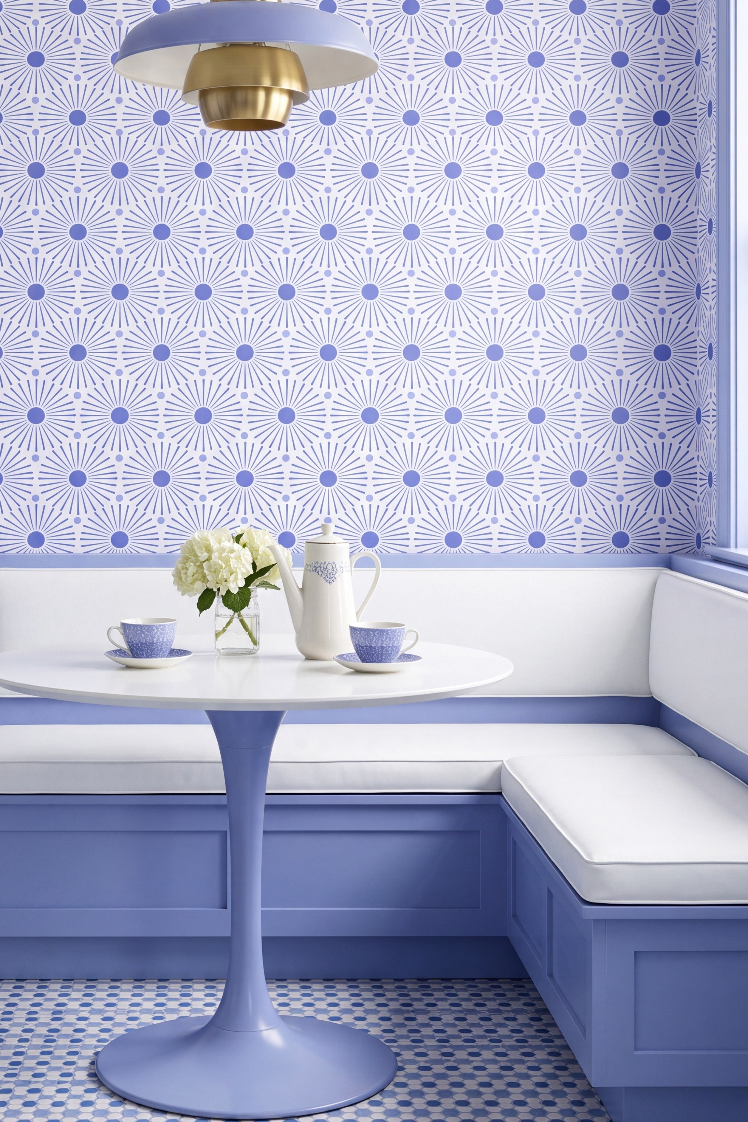 Periwinkle Play wallpaper shown in a cozy nook