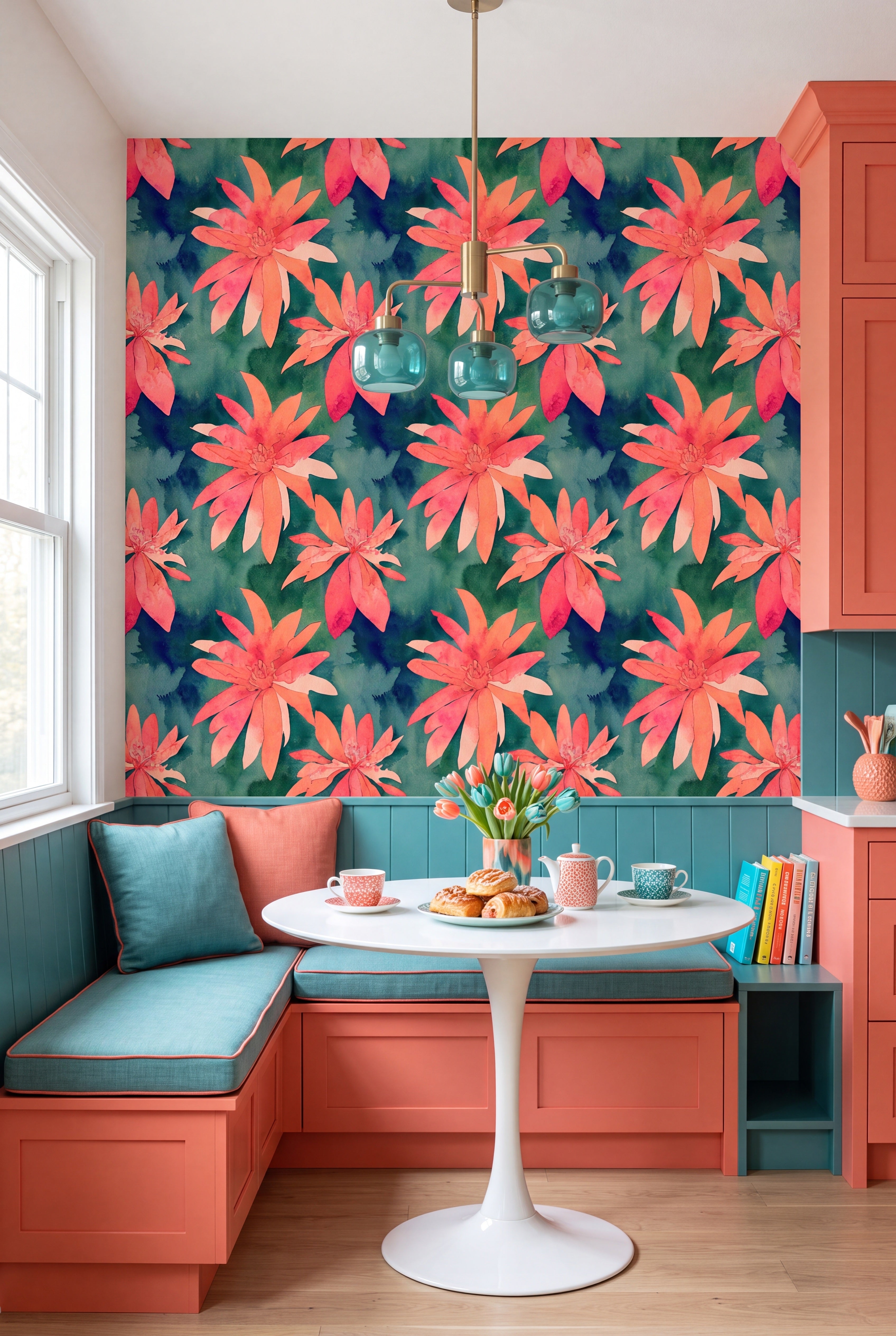 Island Bloom wallpaper shown in a cozy nook