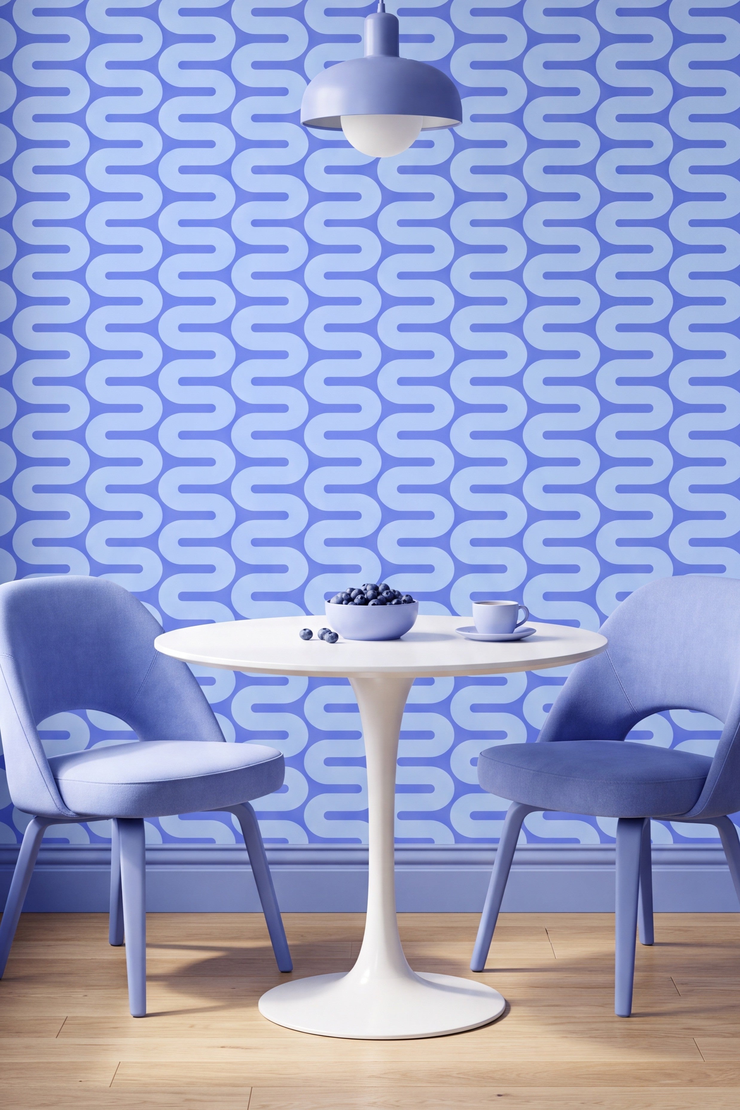 Blue Wiggle wallpaper shown in a breakfast nook