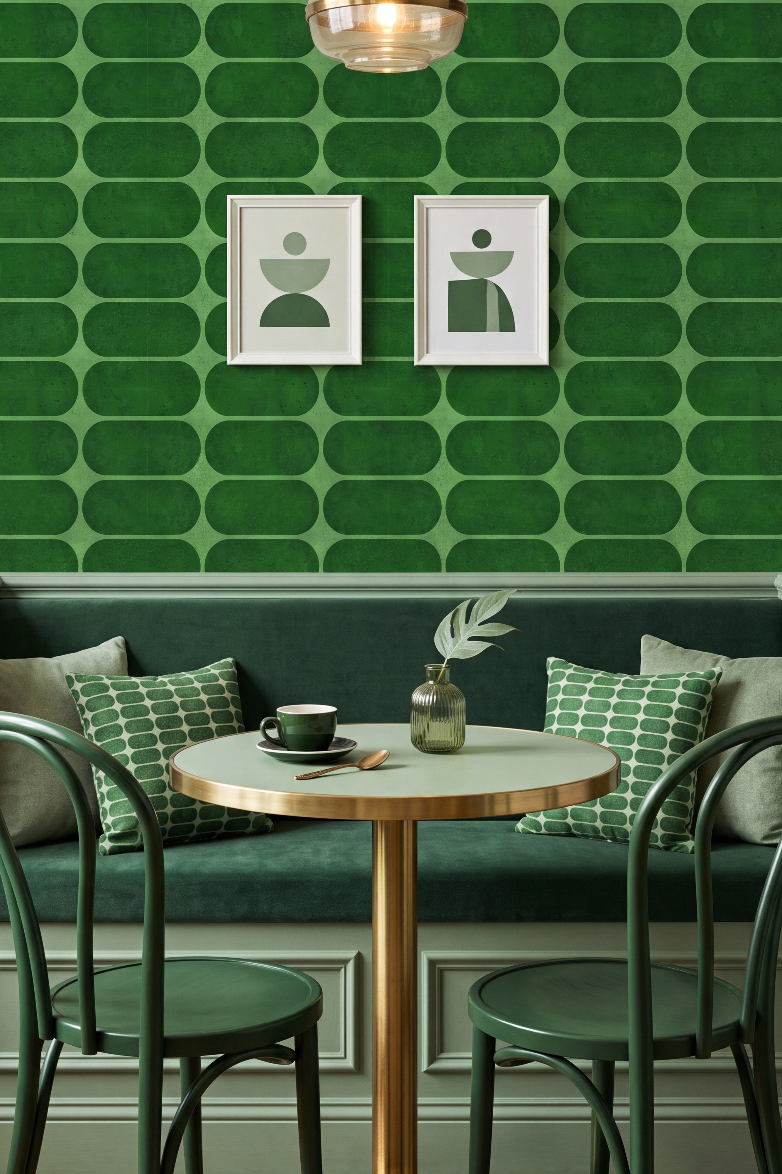 Emerald Deco wallpaper shown in a breakfast nook