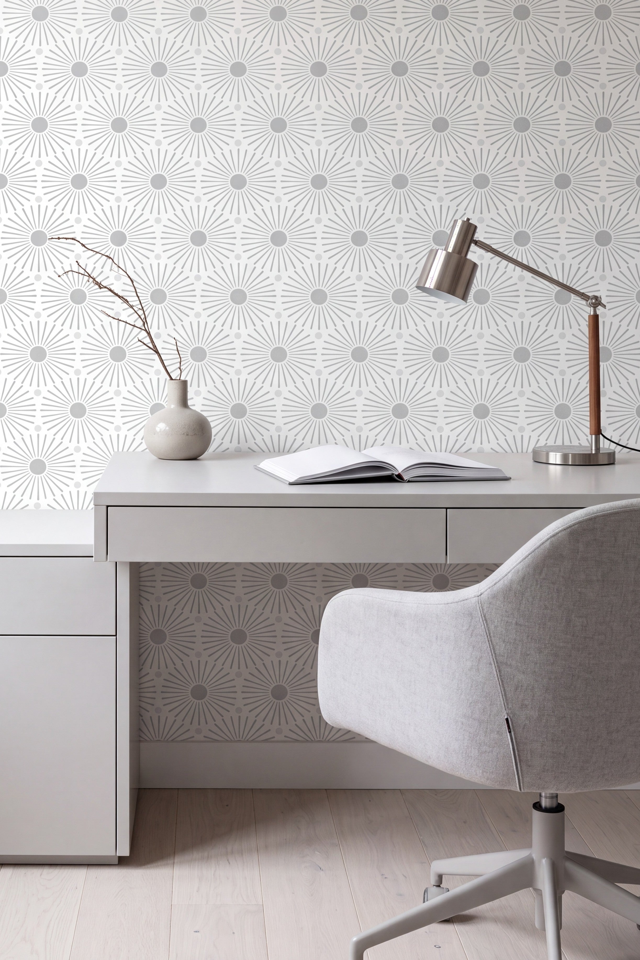 Grey Mod wallpaper shown in a home office