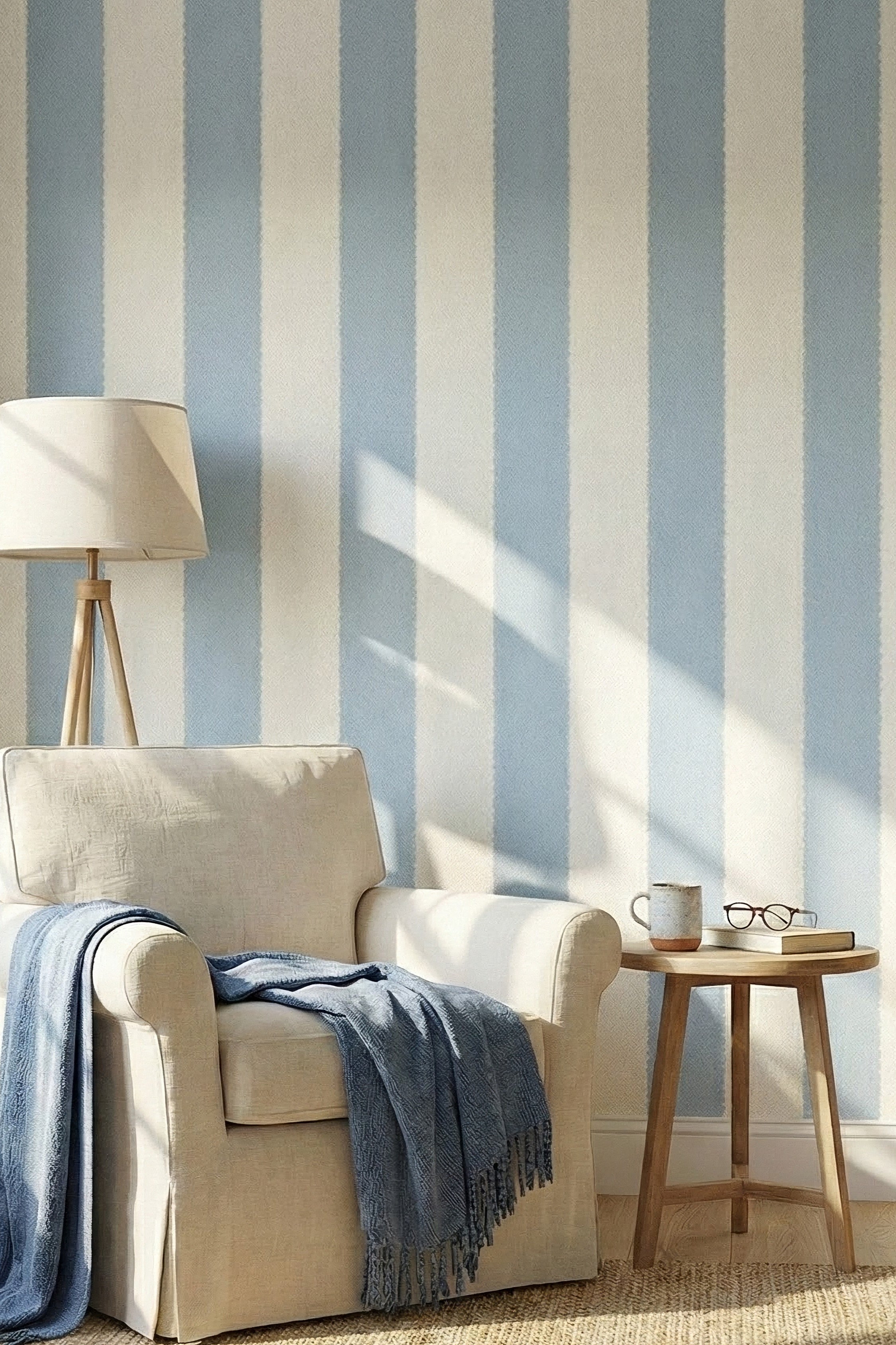 Seaside Scallop wallpaper shown in a reading corner
