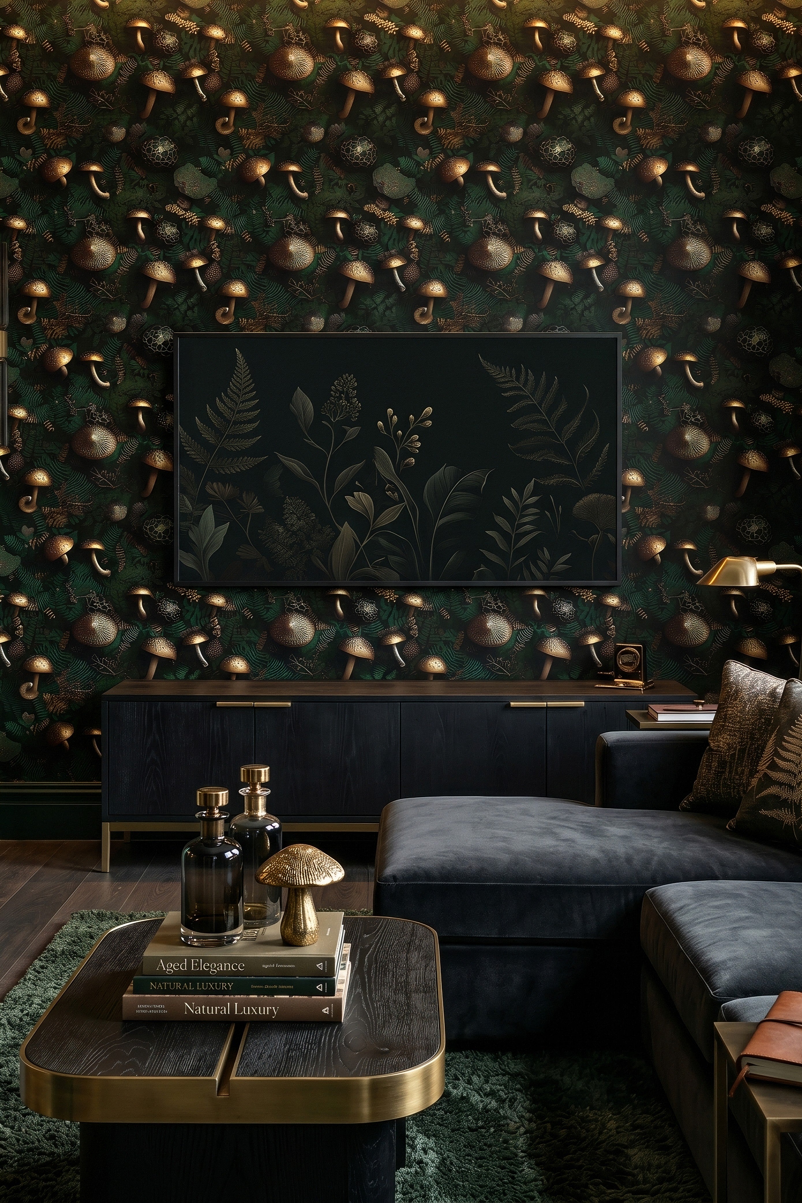 Gilded Grove wallpaper shown in a media room