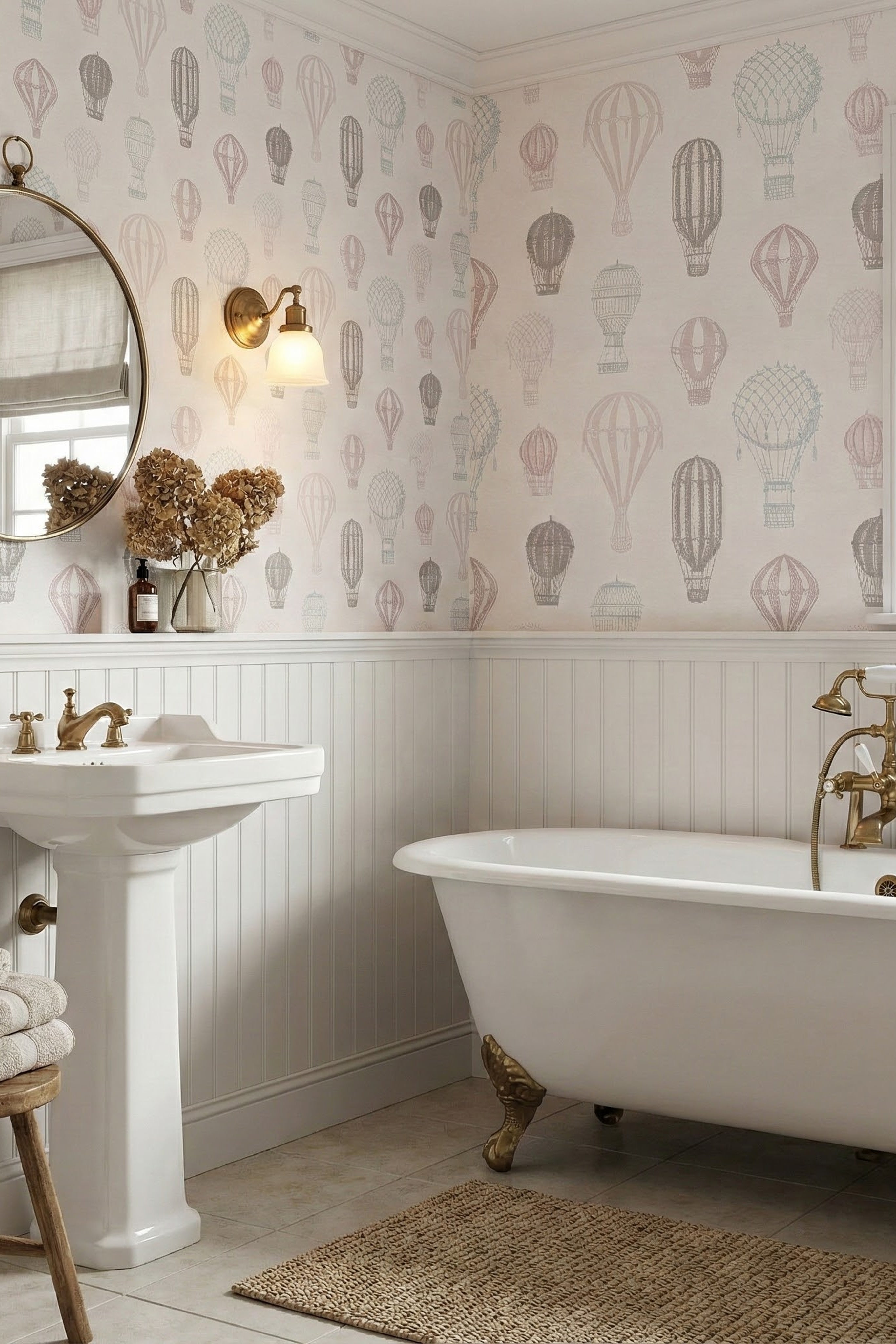 Up & Away wallpaper shown in a bathroom