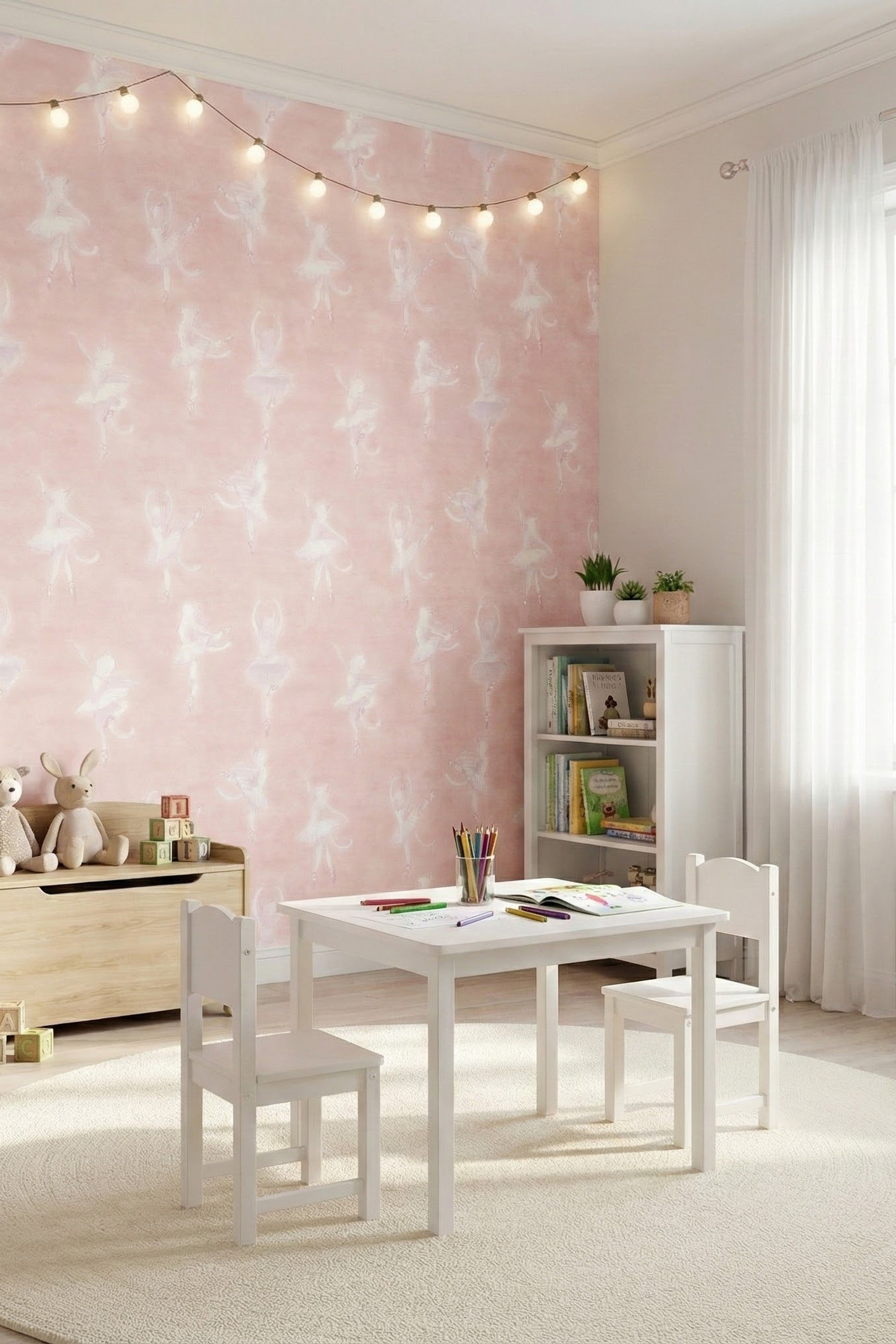 Kitten Ballet wallpaper shown in a playroom