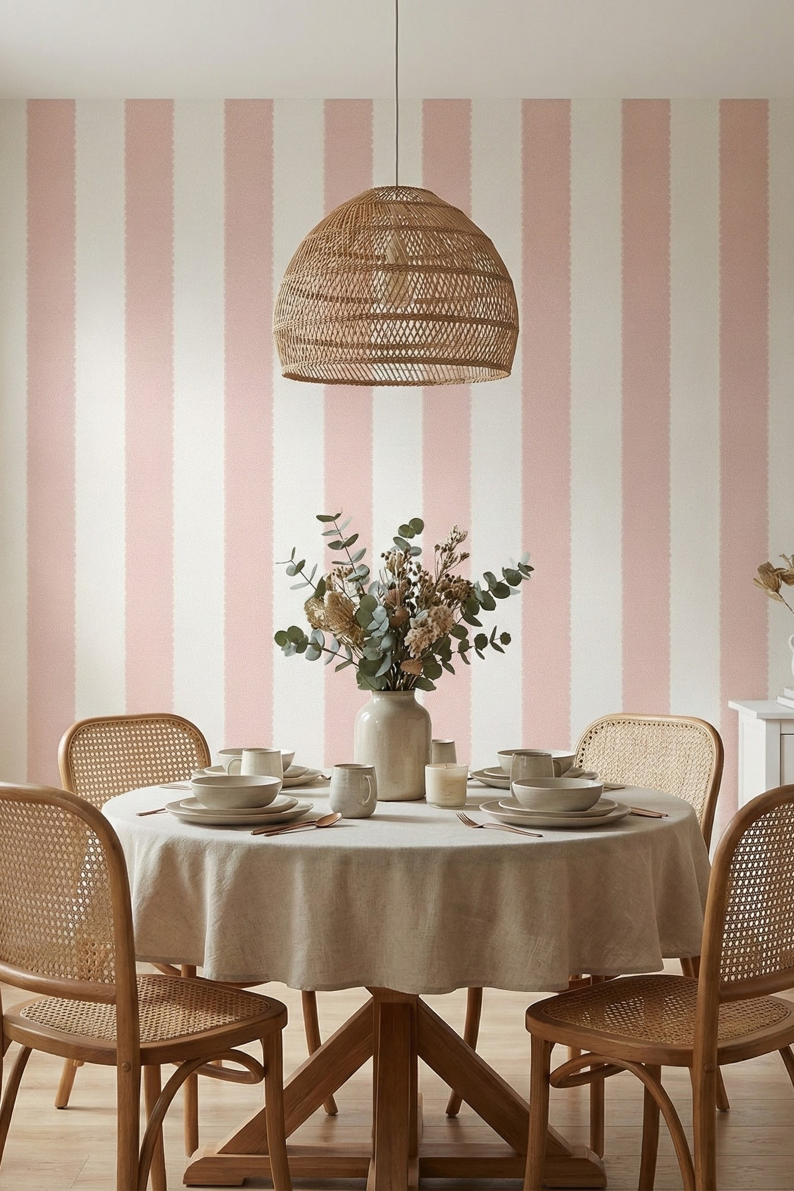 Blush Scallop wallpaper shown in a dining room