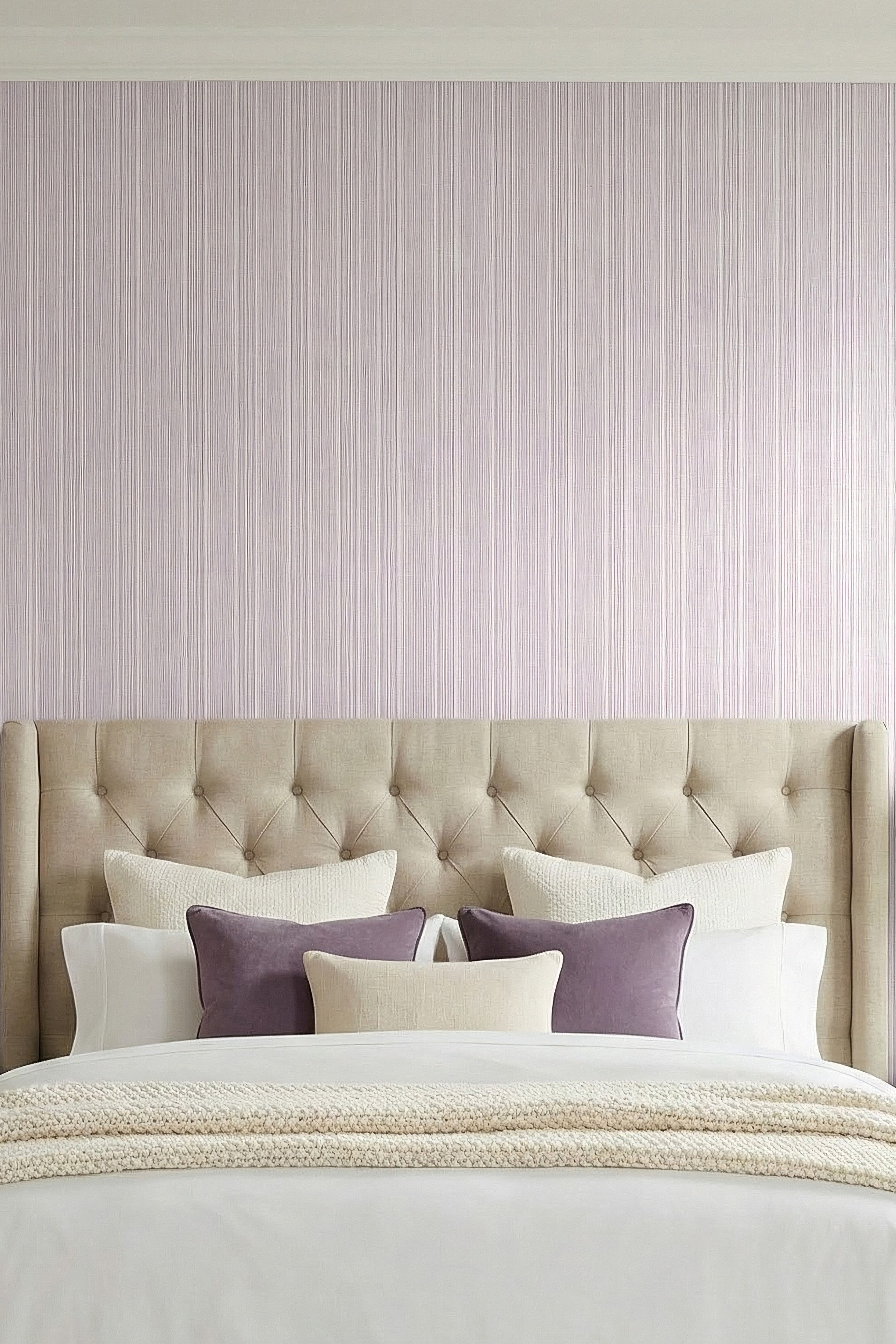 Lavender Pinstripe wallpaper shown in a bedroom