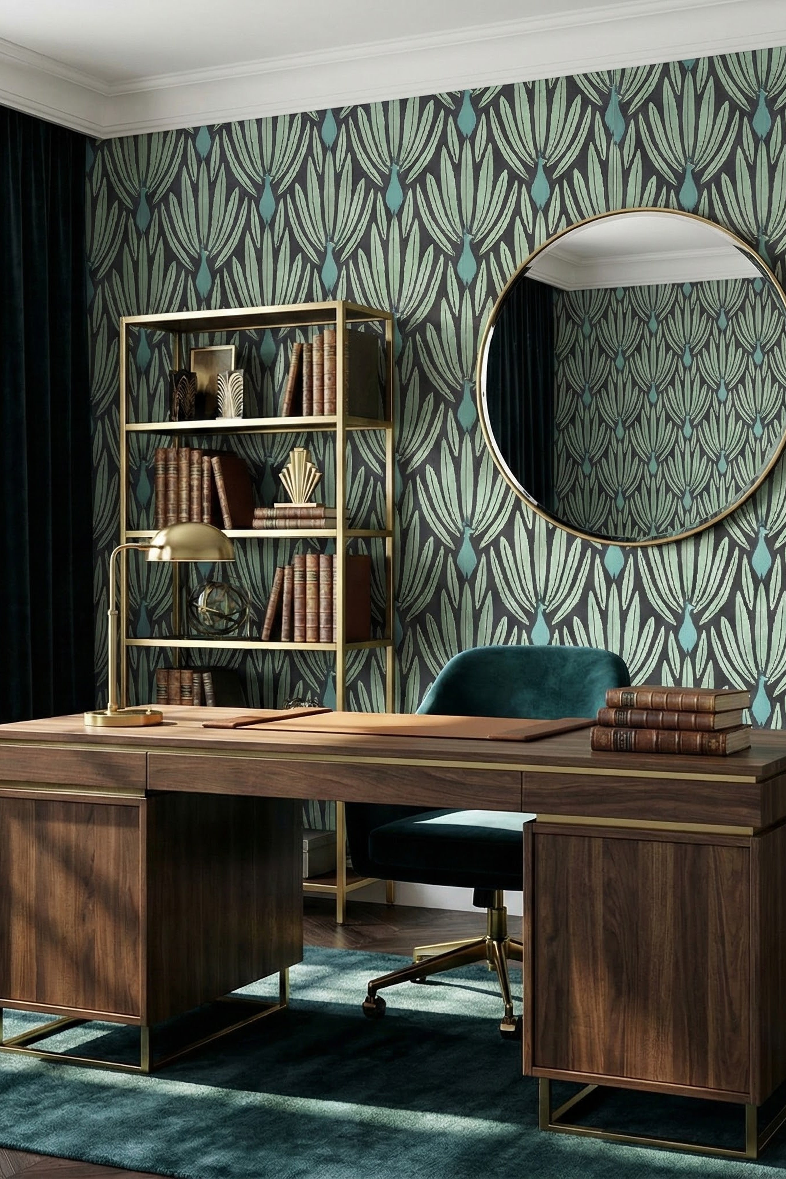 Peacock Lounge wallpaper shown in a home office