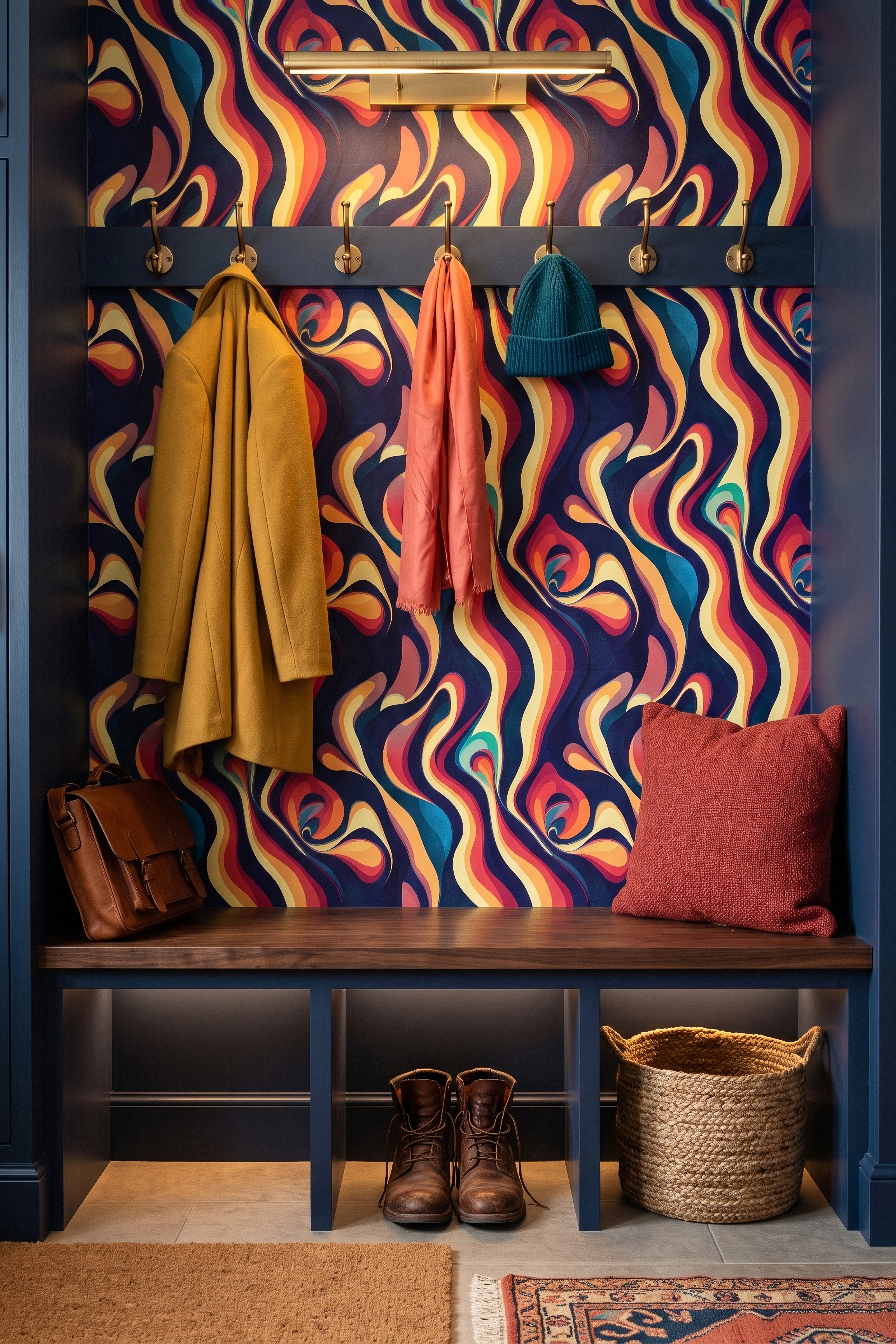 Disco Daydream wallpaper shown in a mudroom