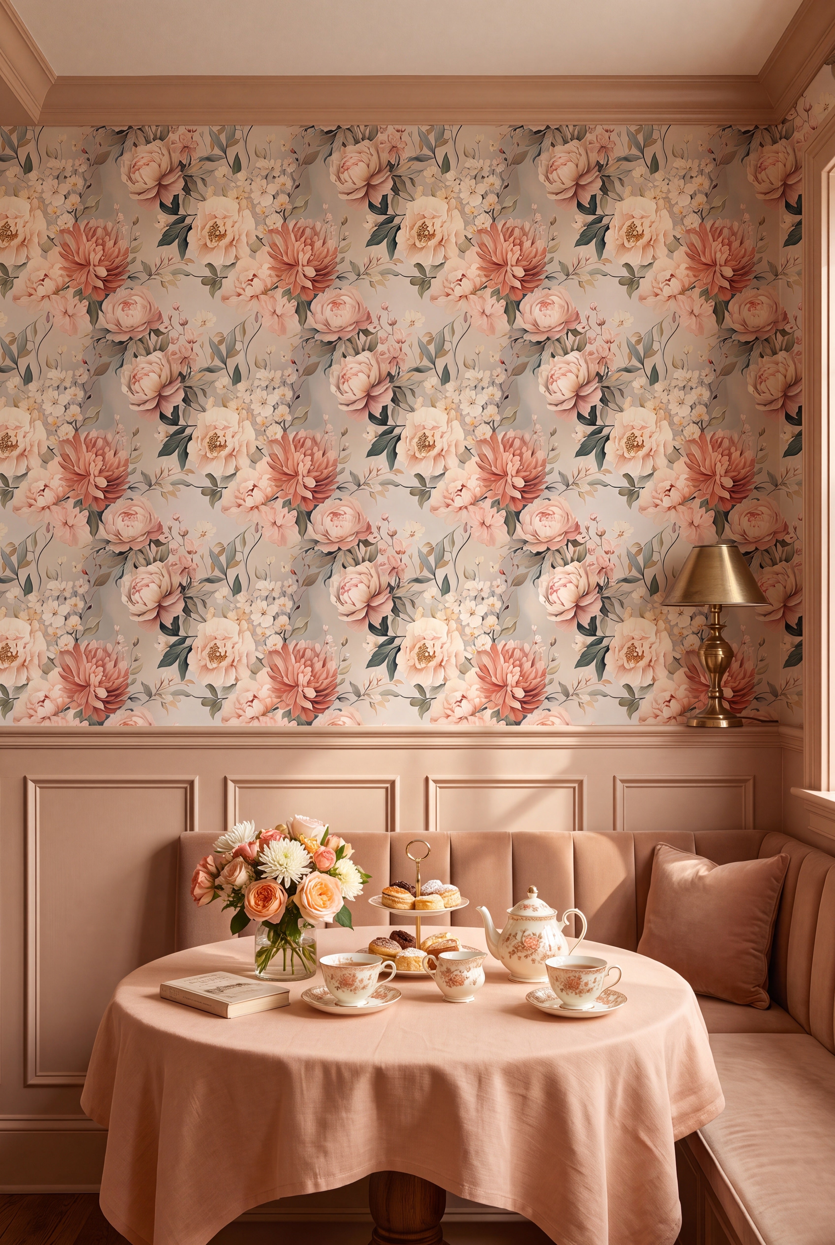 Storybook Rose wallpaper shown in a cozy nook