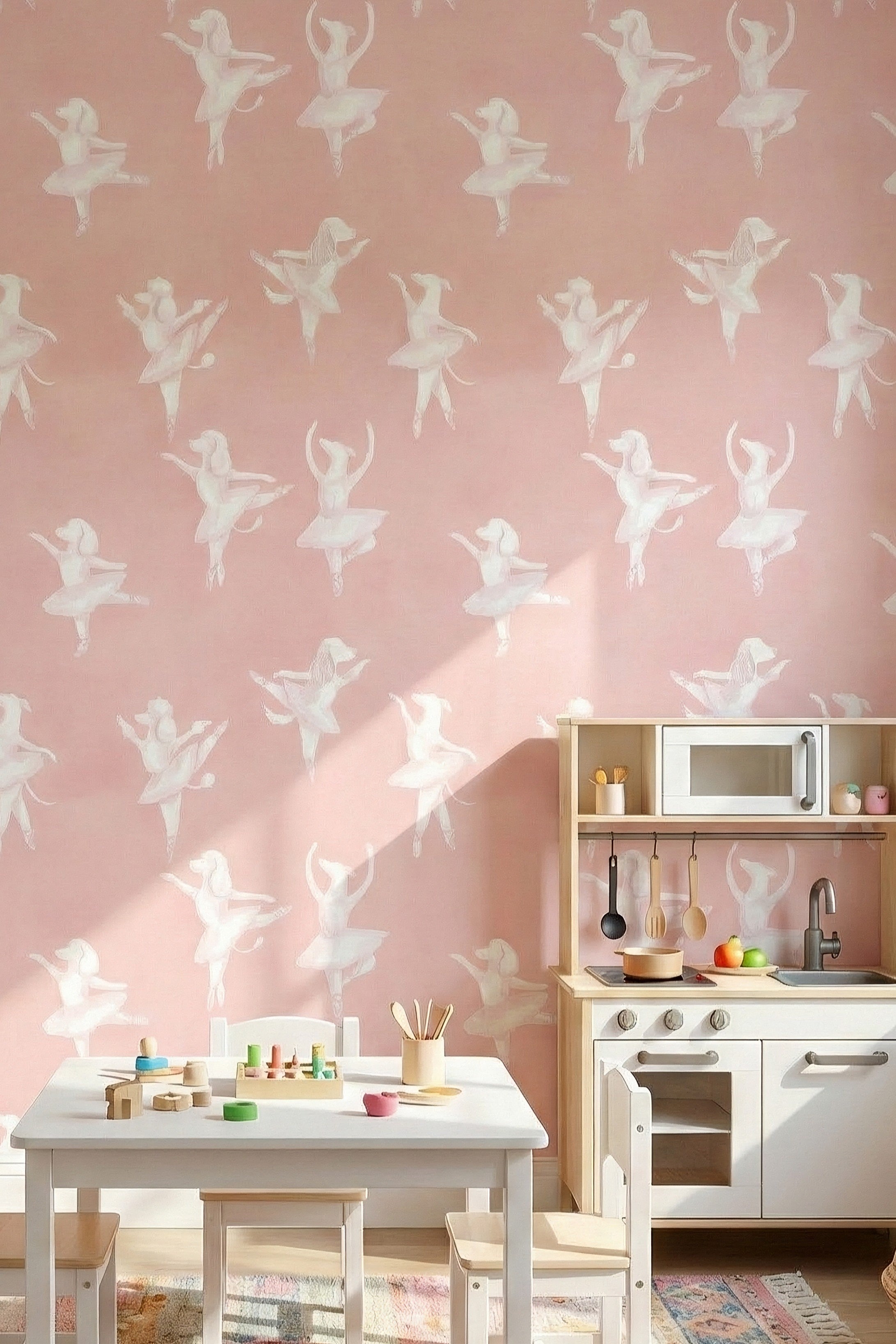 Puppy Ballet wallpaper shown in a playroom