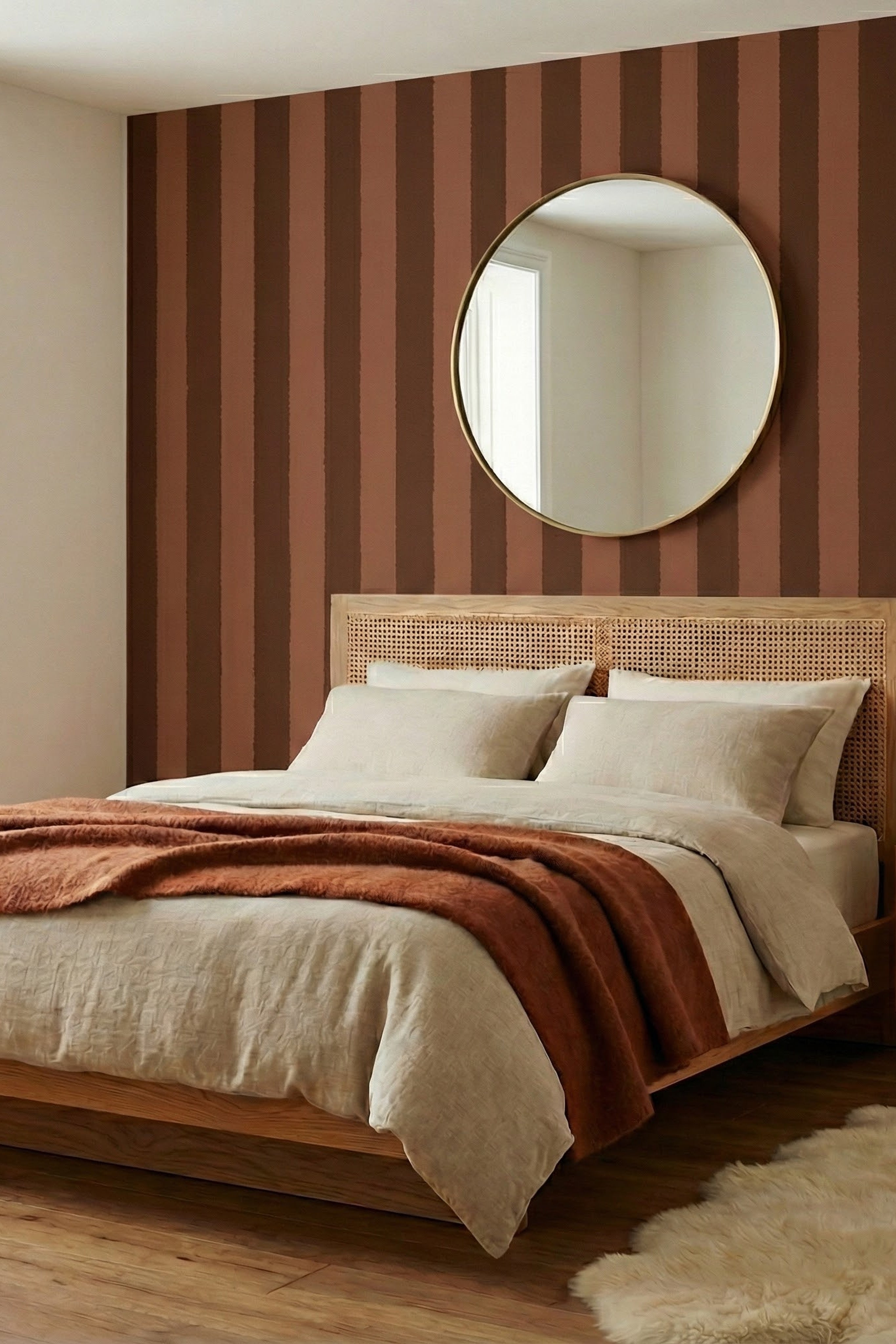 Chocolate Scallop wallpaper shown in a bedroom