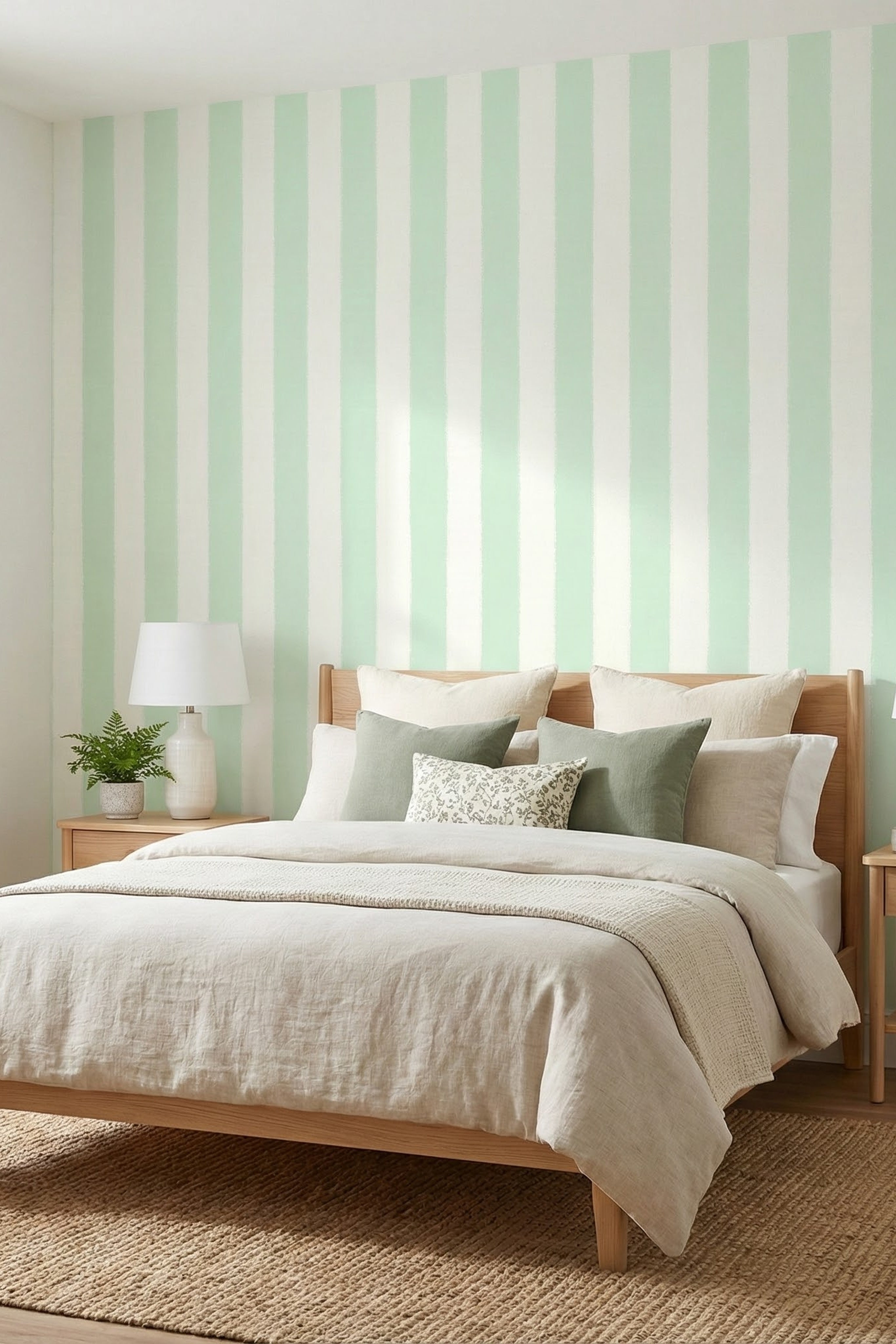 Mint Scallop wallpaper shown in a bedroom