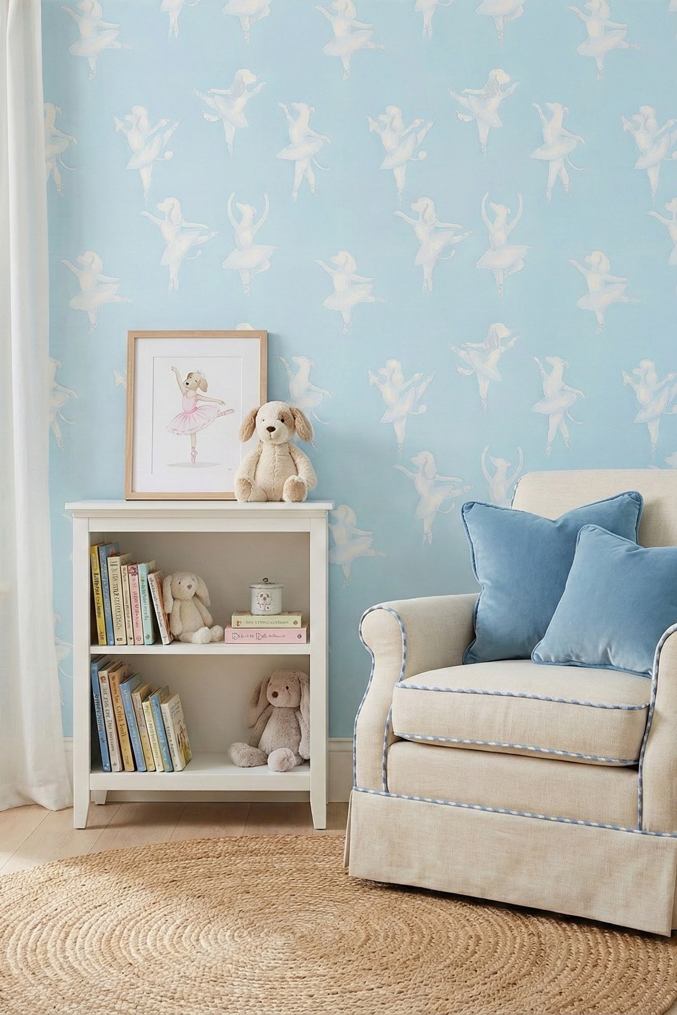 Aqua Pirouette wallpaper shown in a reading corner
