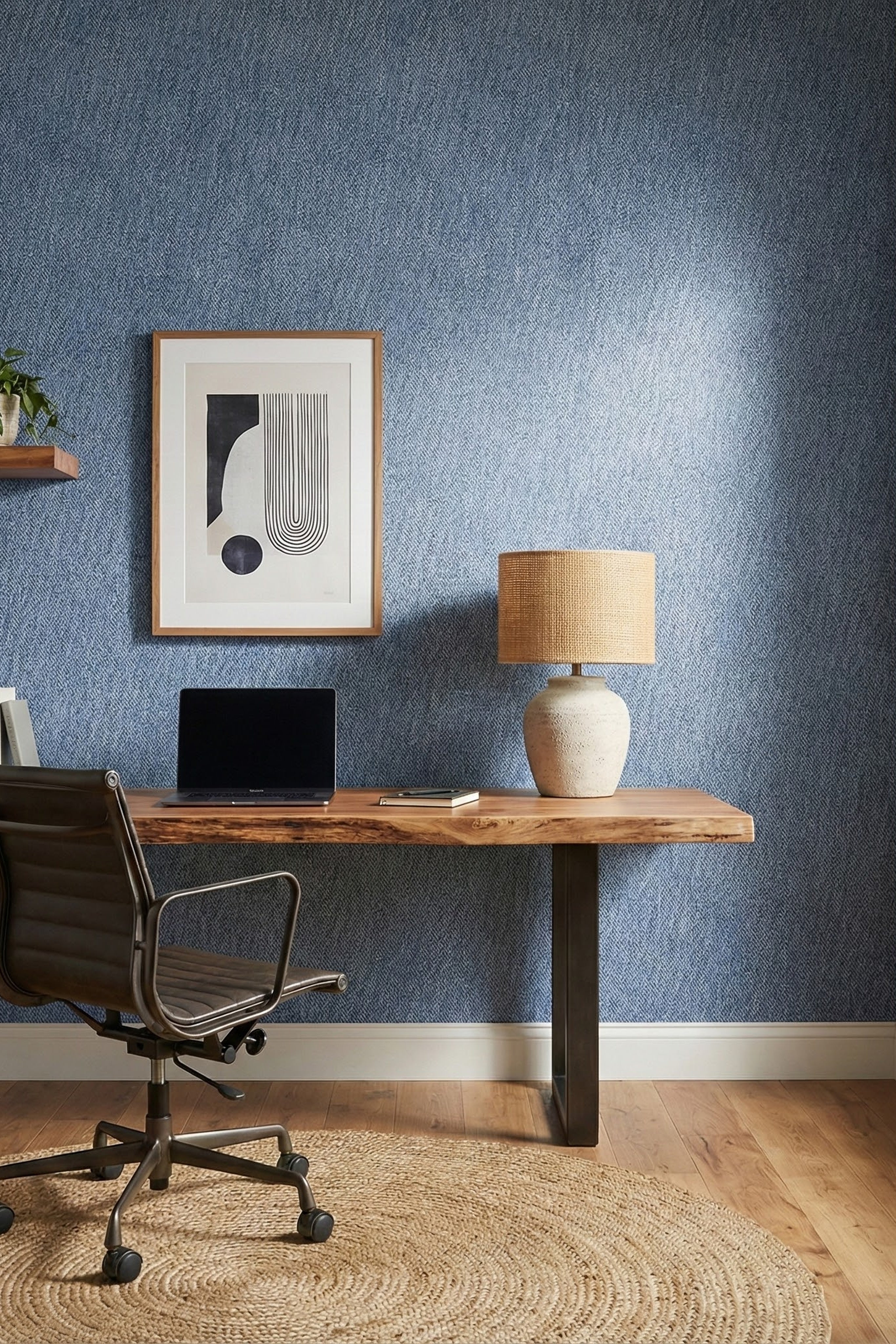 Denim Days wallpaper shown in a home office
