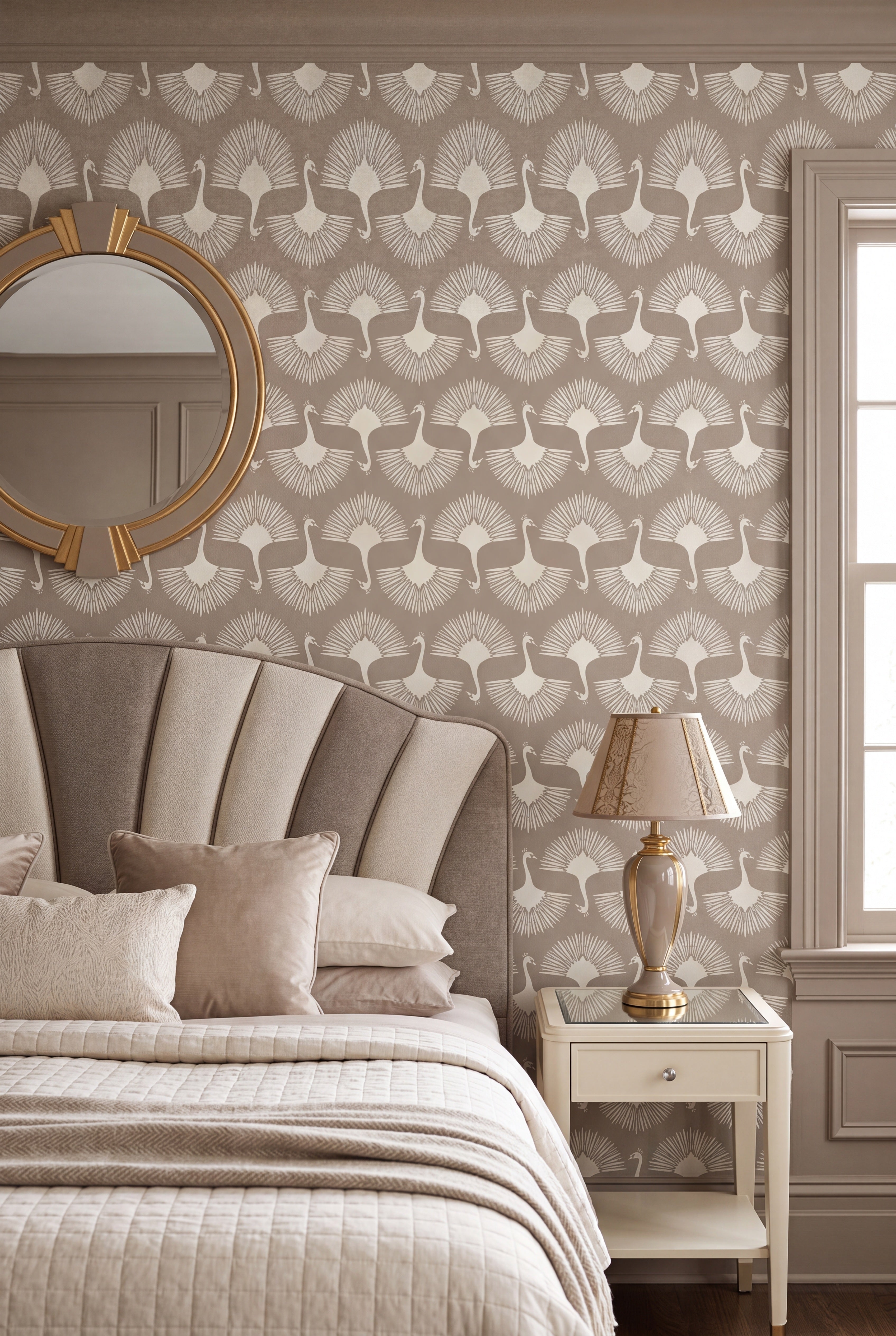 Peacock Promenade wallpaper shown in a bedroom