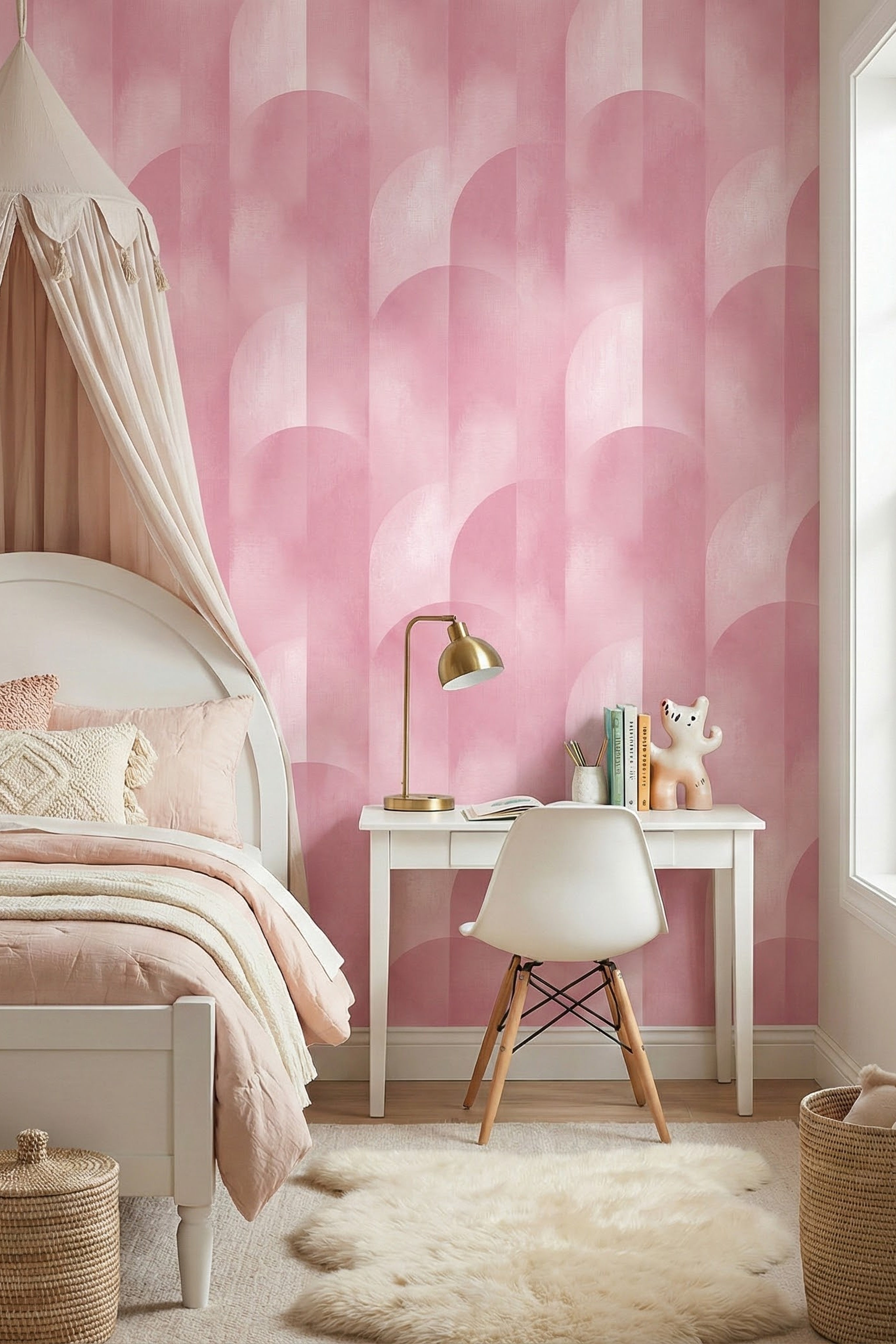 Blush Arcade wallpaper shown in a bedroom