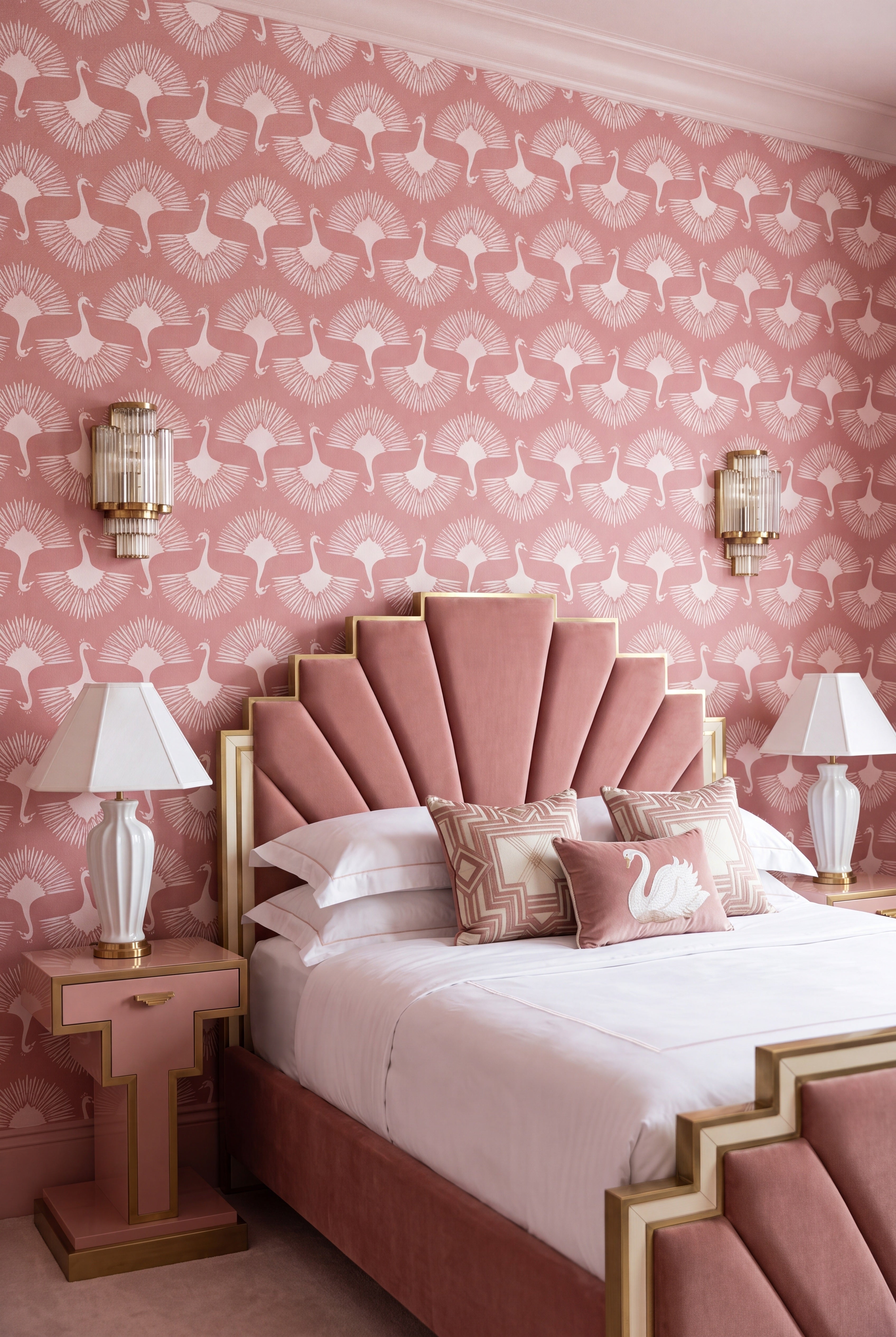 Blush Swan wallpaper shown in a bedroom