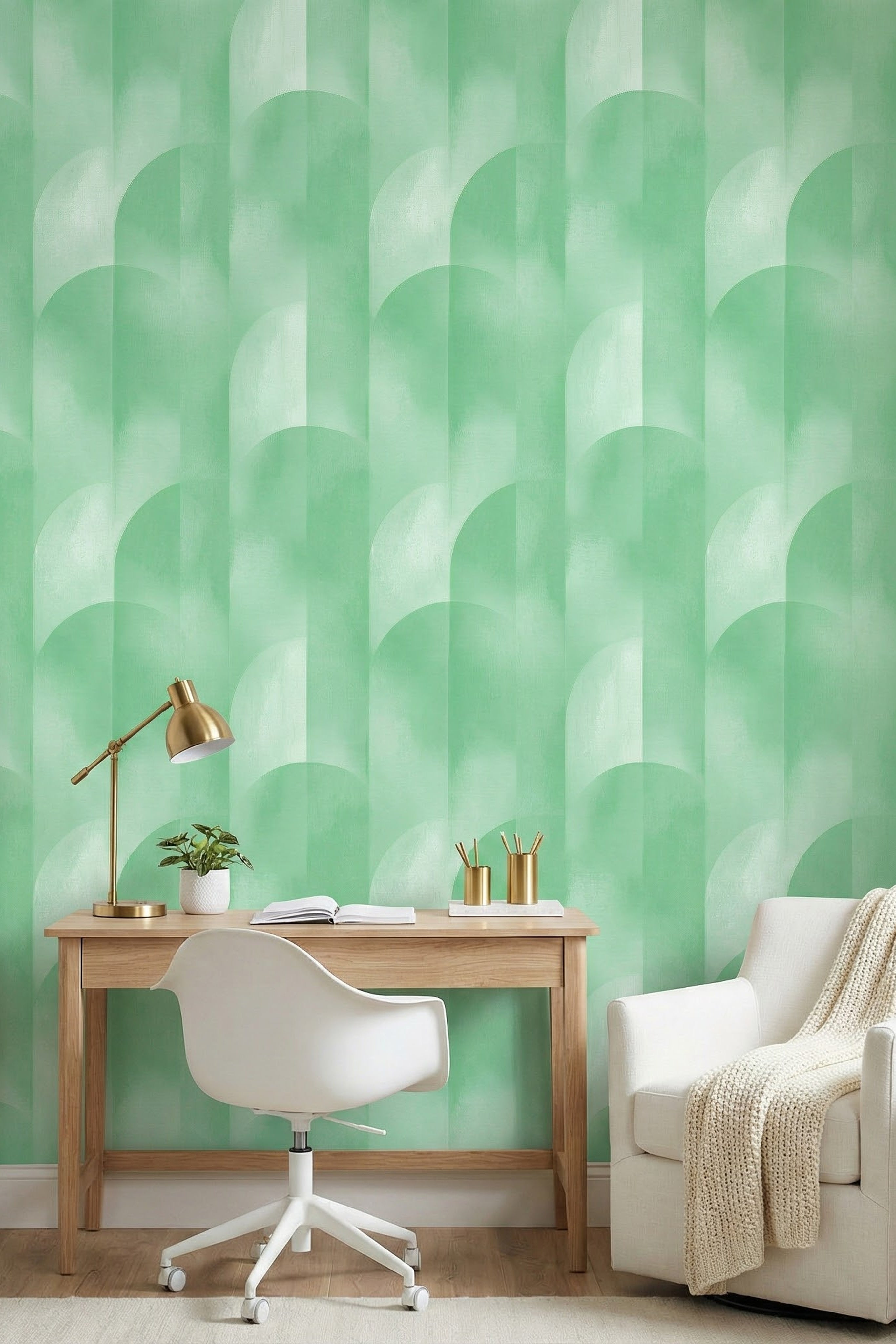 Mint Arcade wallpaper shown in a home office