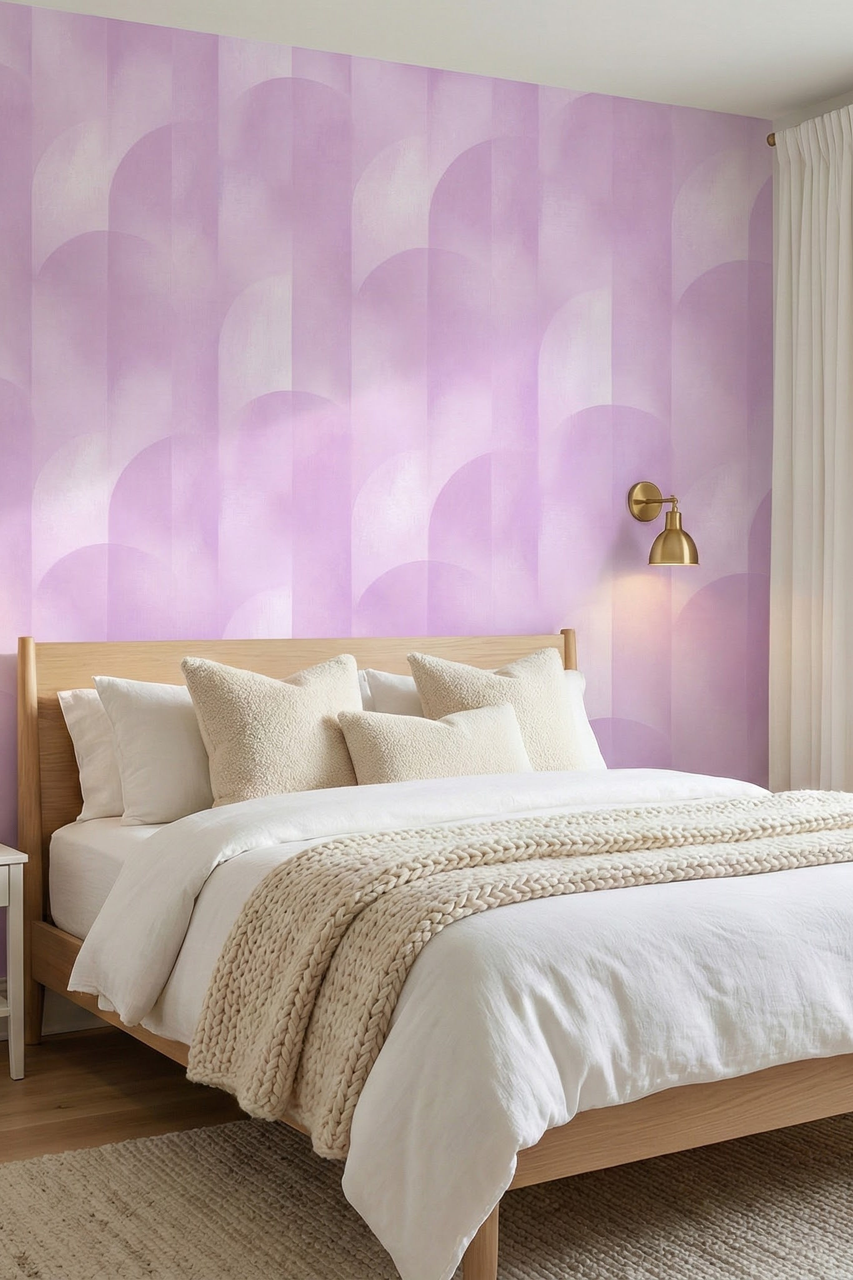 Lilac Arcade wallpaper shown in a bedroom
