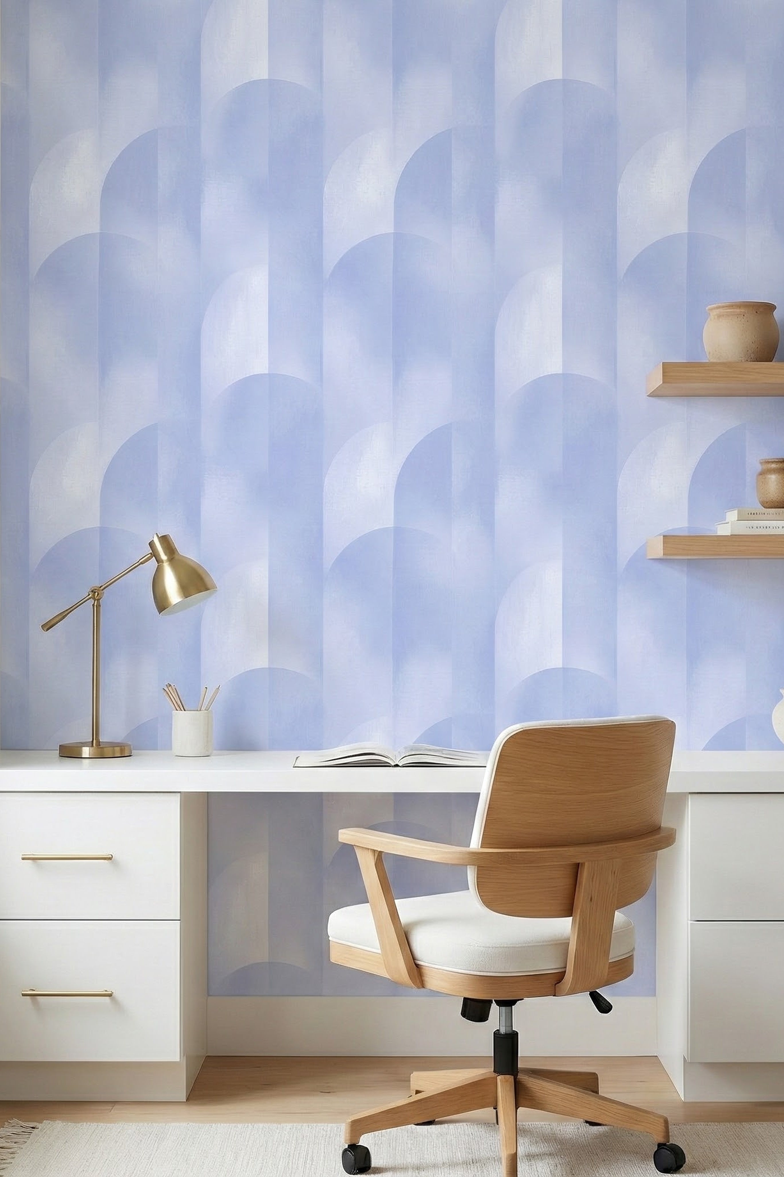 Periwinkle Arcade wallpaper shown in a home office