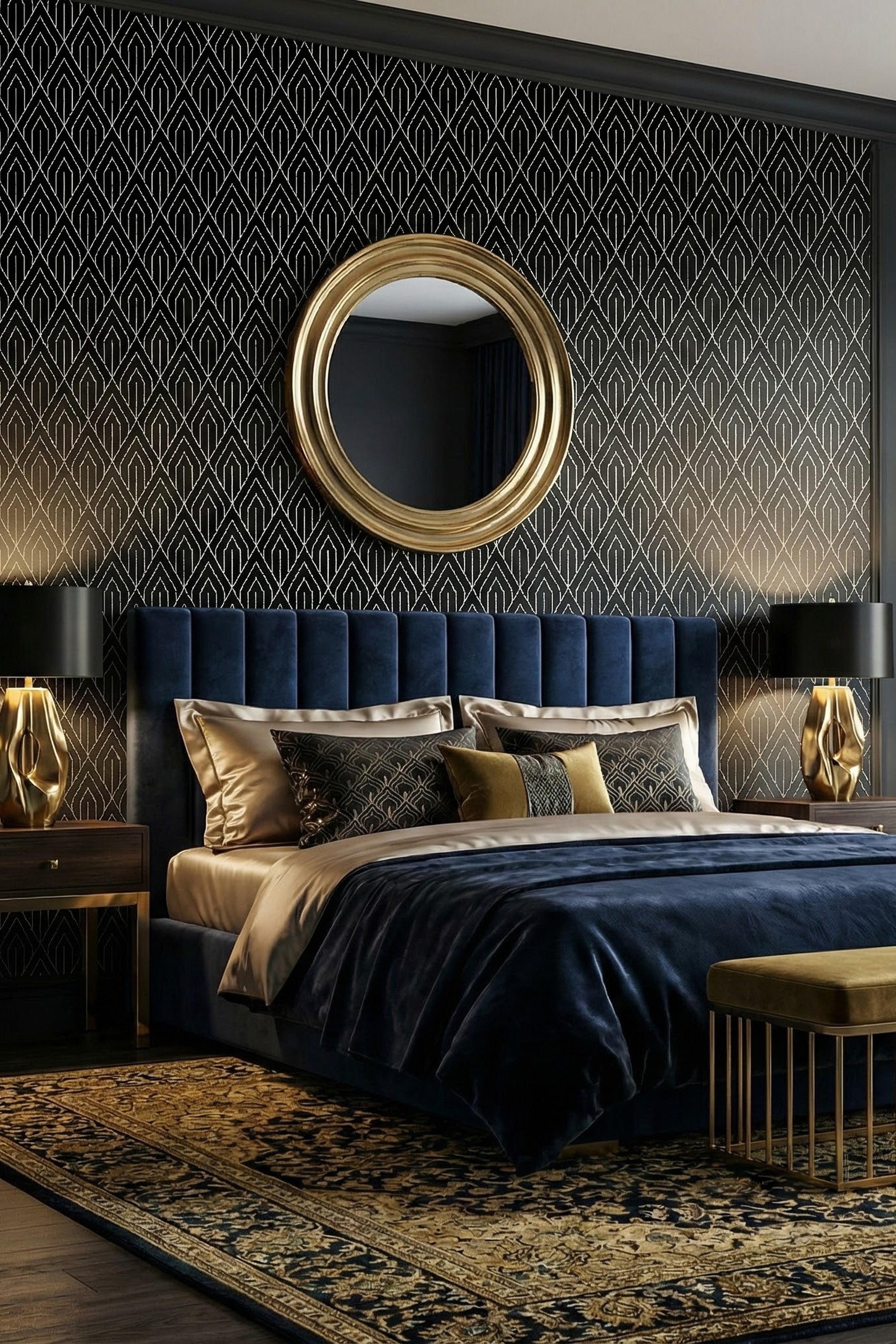 Black Tie Deco wallpaper shown in a bedroom