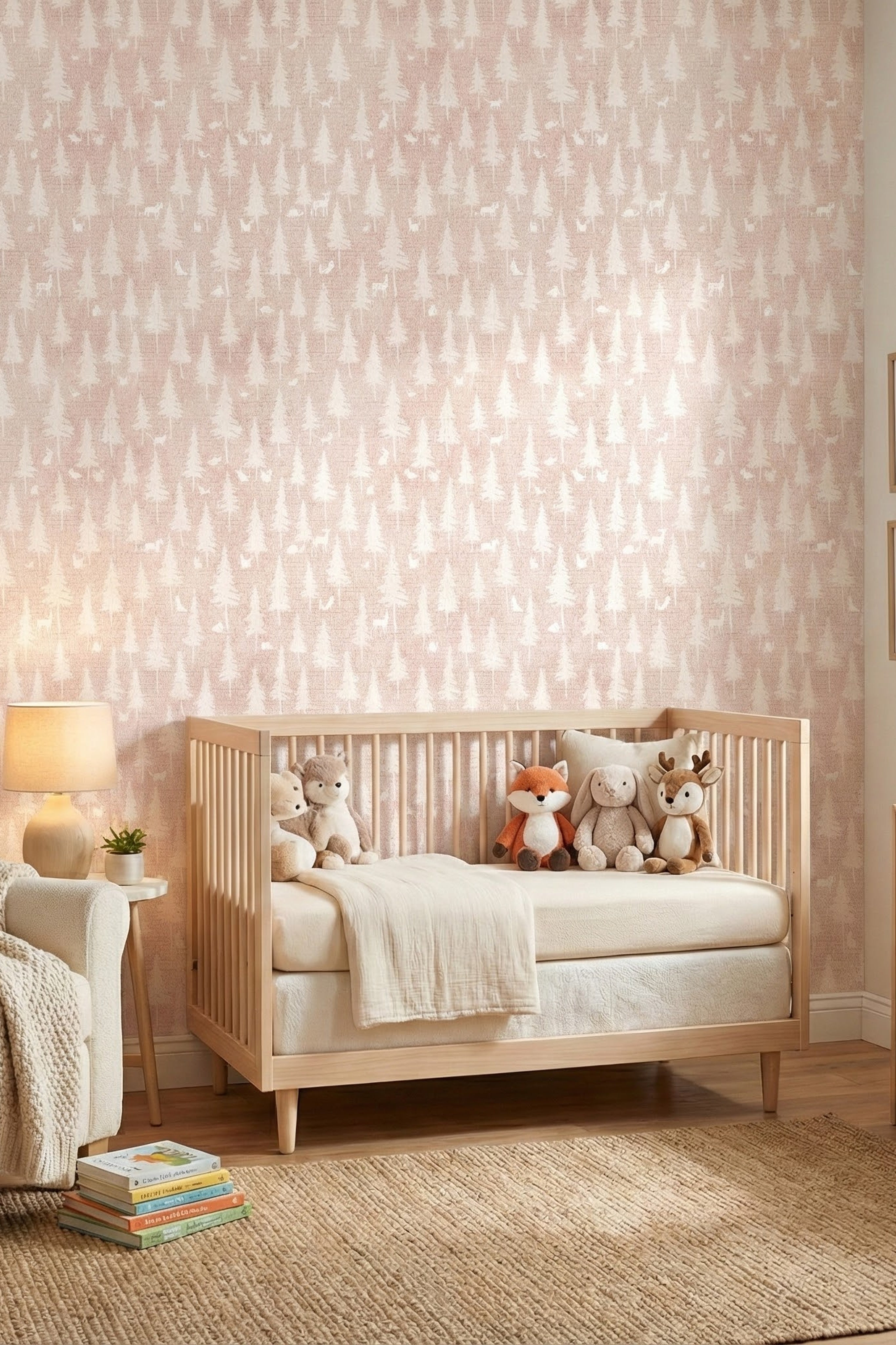 Blush Woodland wallpaper shown in a nursery