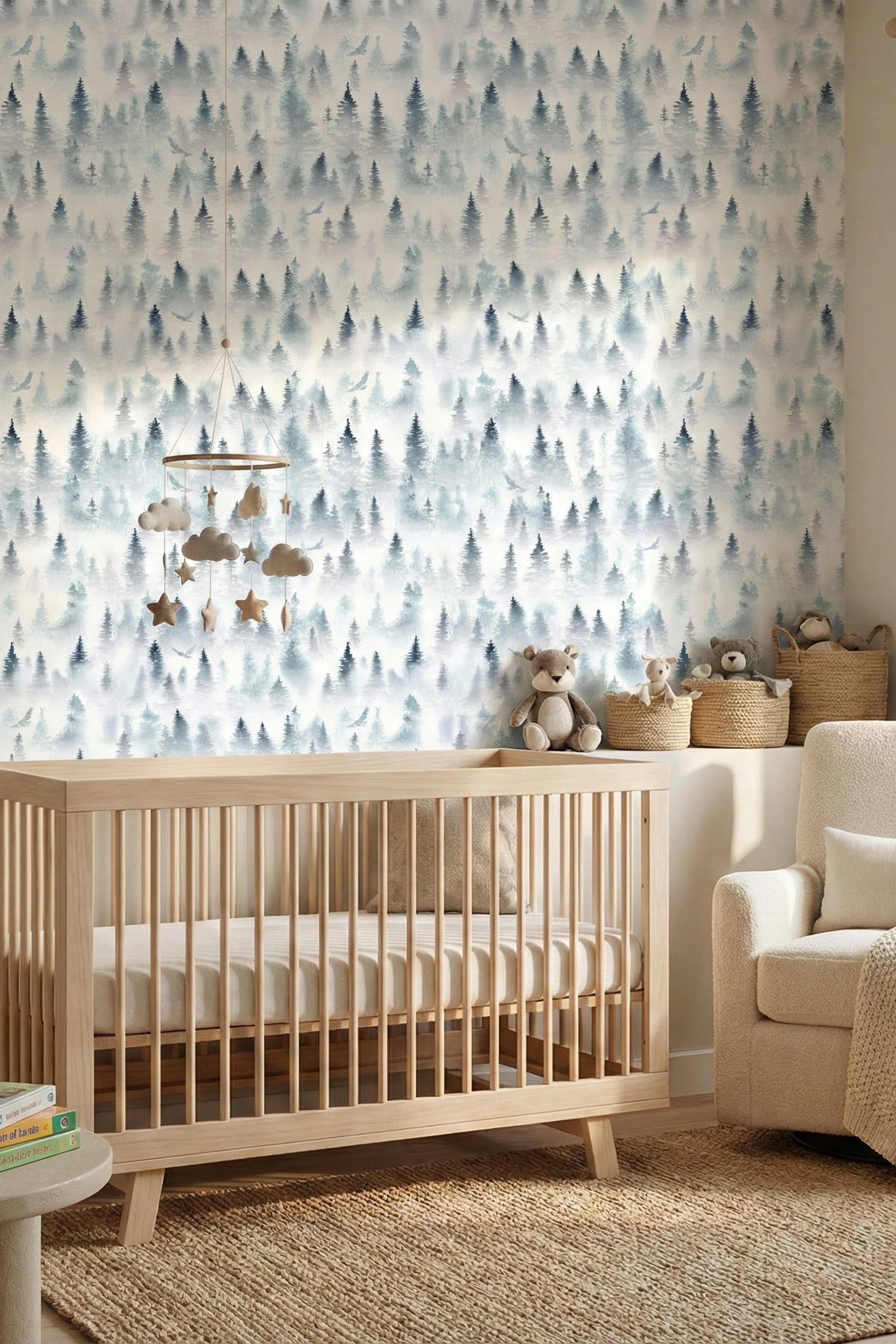 Nordic Mist wallpaper shown in a nursery