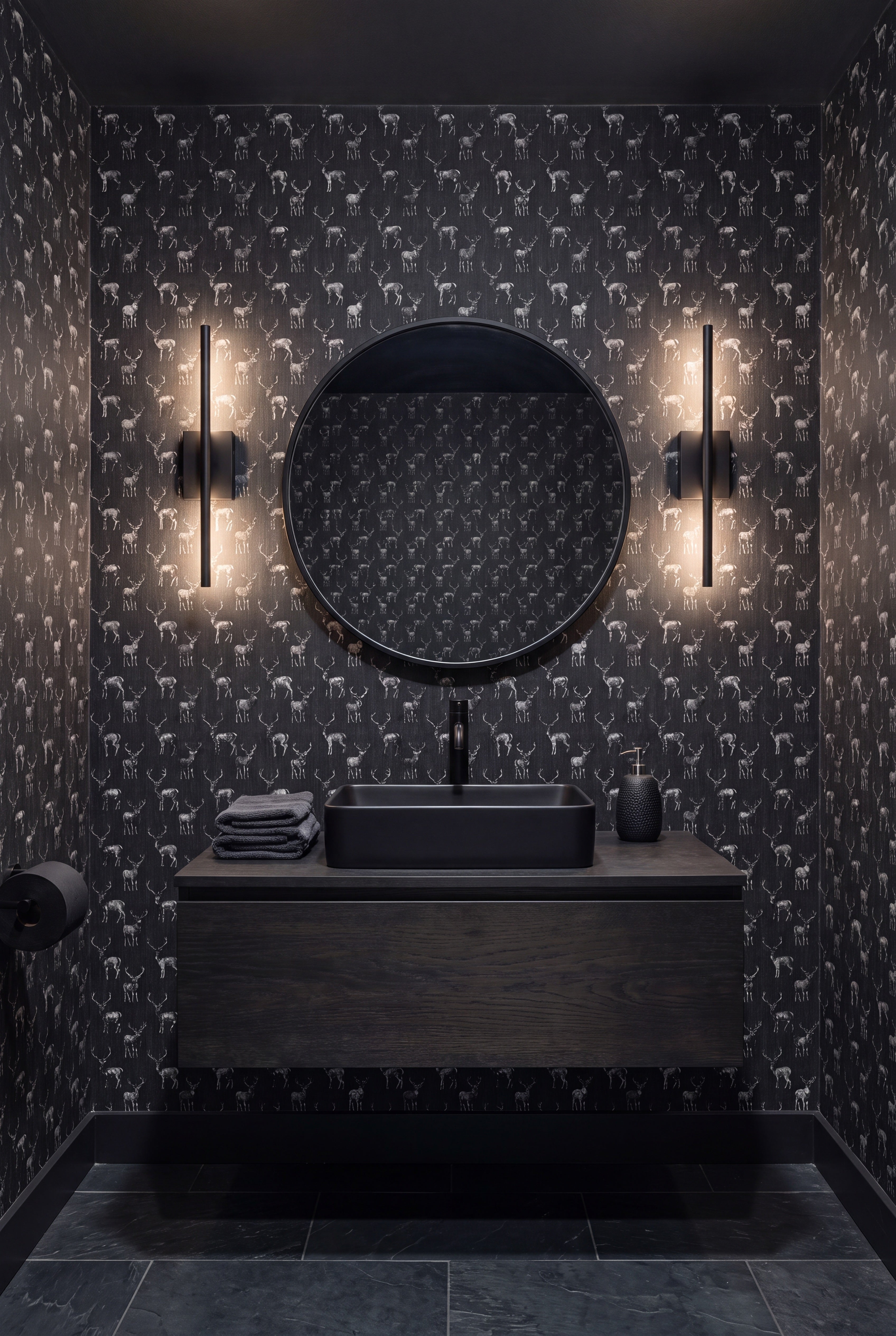 Shady Buck wallpaper shown in a powder room