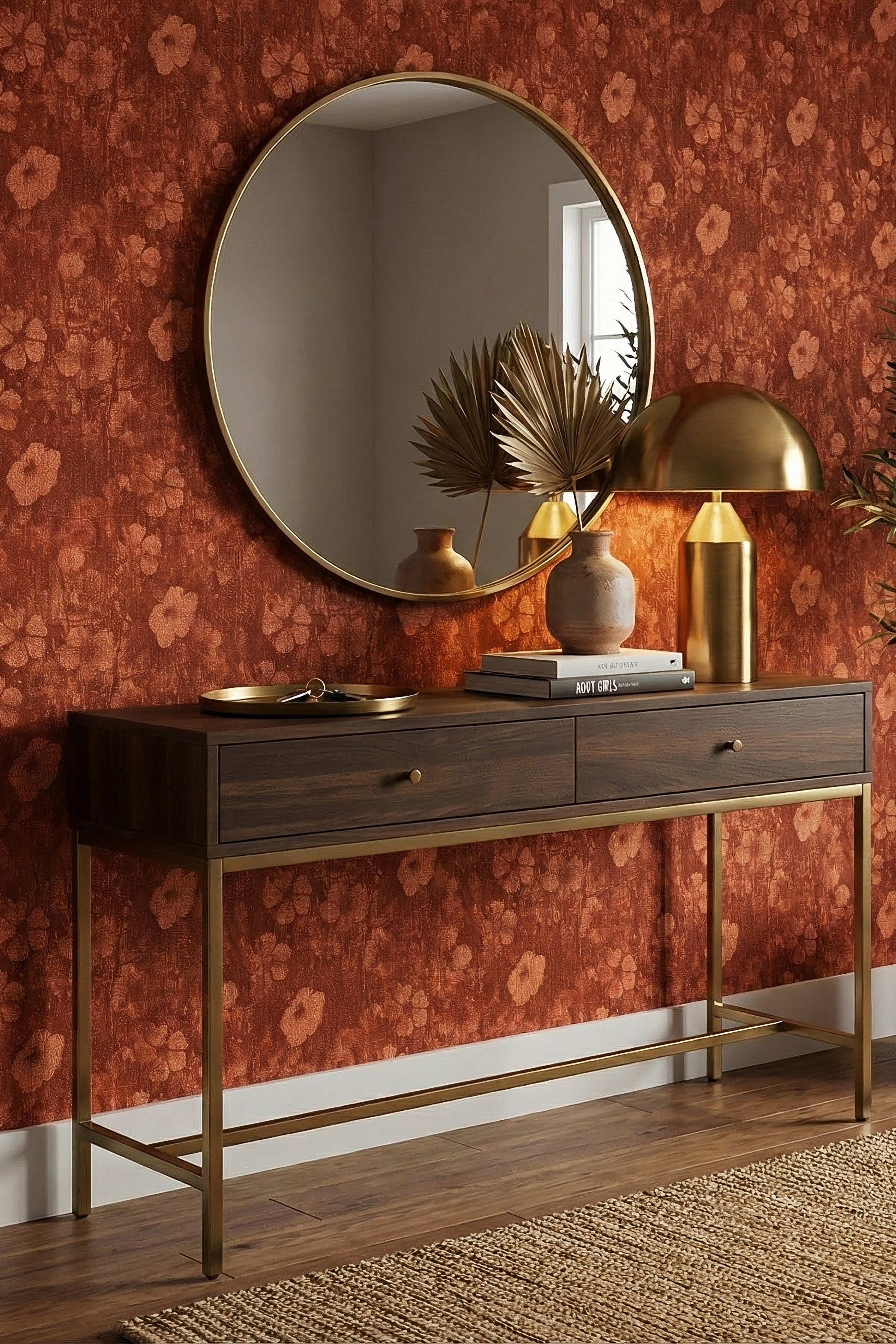 Rust Bloom wallpaper shown in an entryway