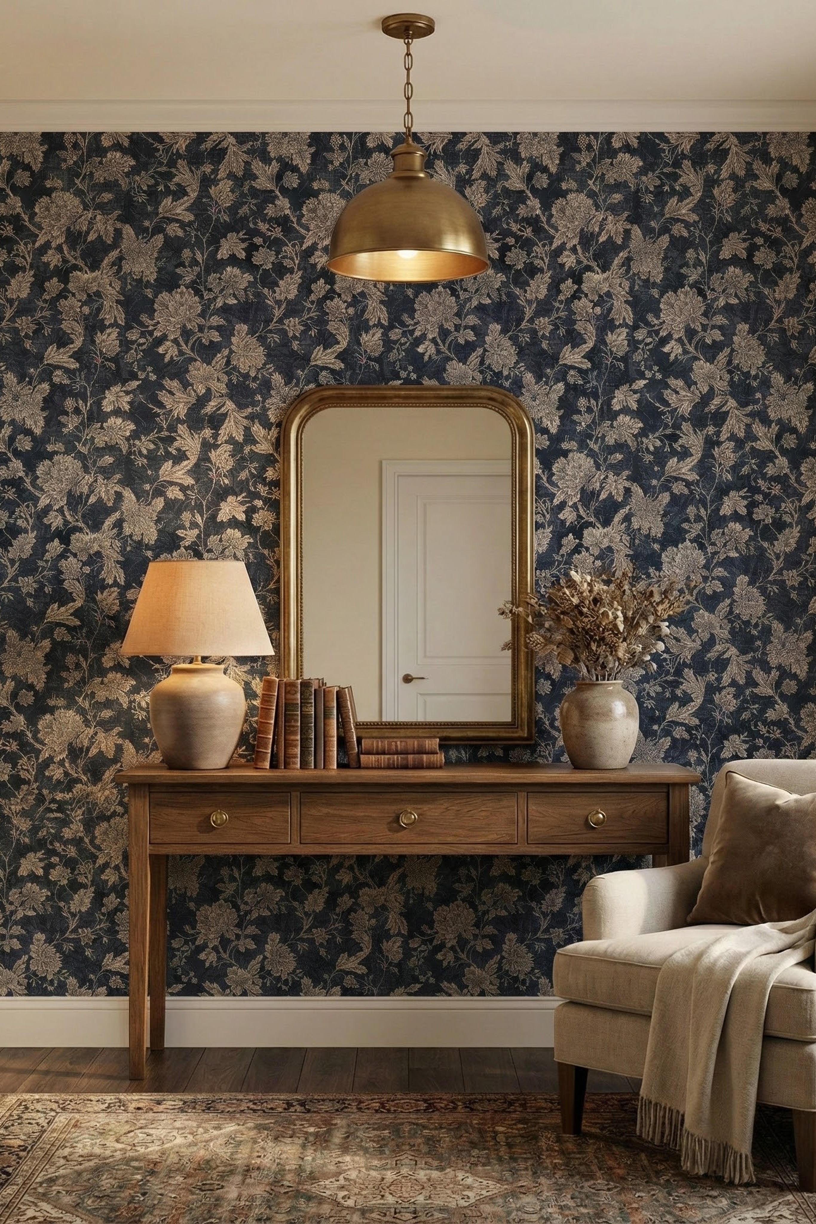 Midnight Posy wallpaper shown in an entryway